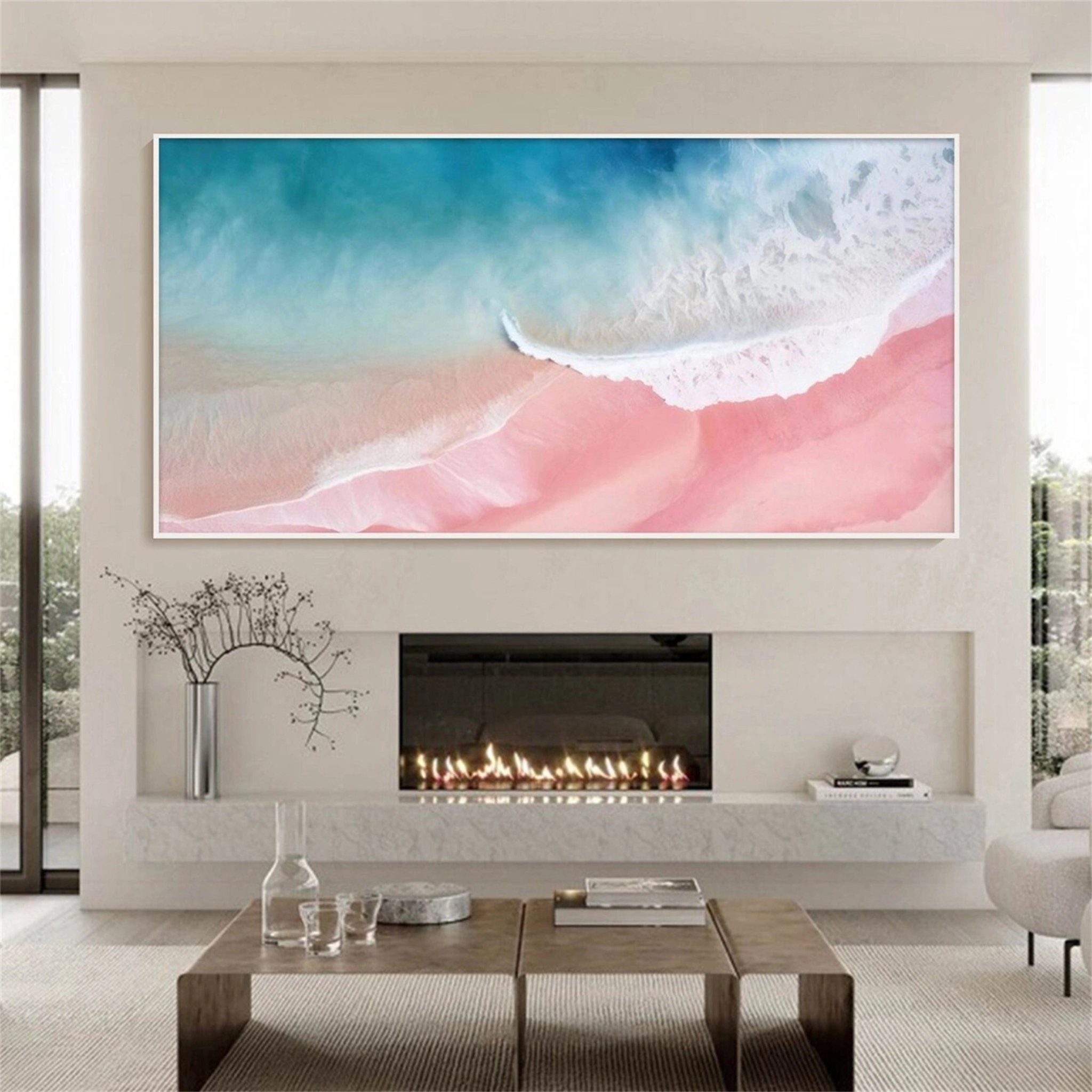 Serene Pink Teal Aerial Beach Abstract Sea Waves Texture Painting Canvas JJ 265 - Texarart