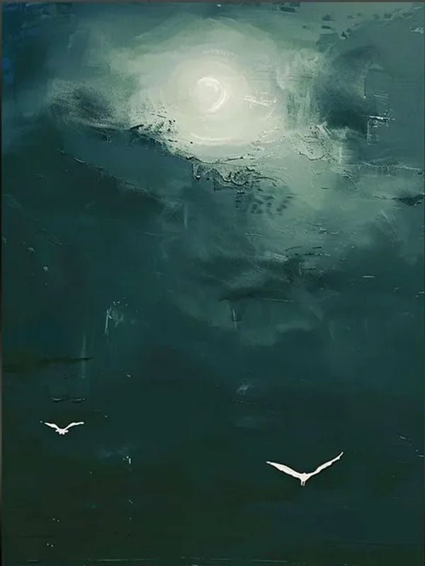 Dark Teal Abstract Oil Painting with Moon and Birds Wall Art TC 029 - Texarart