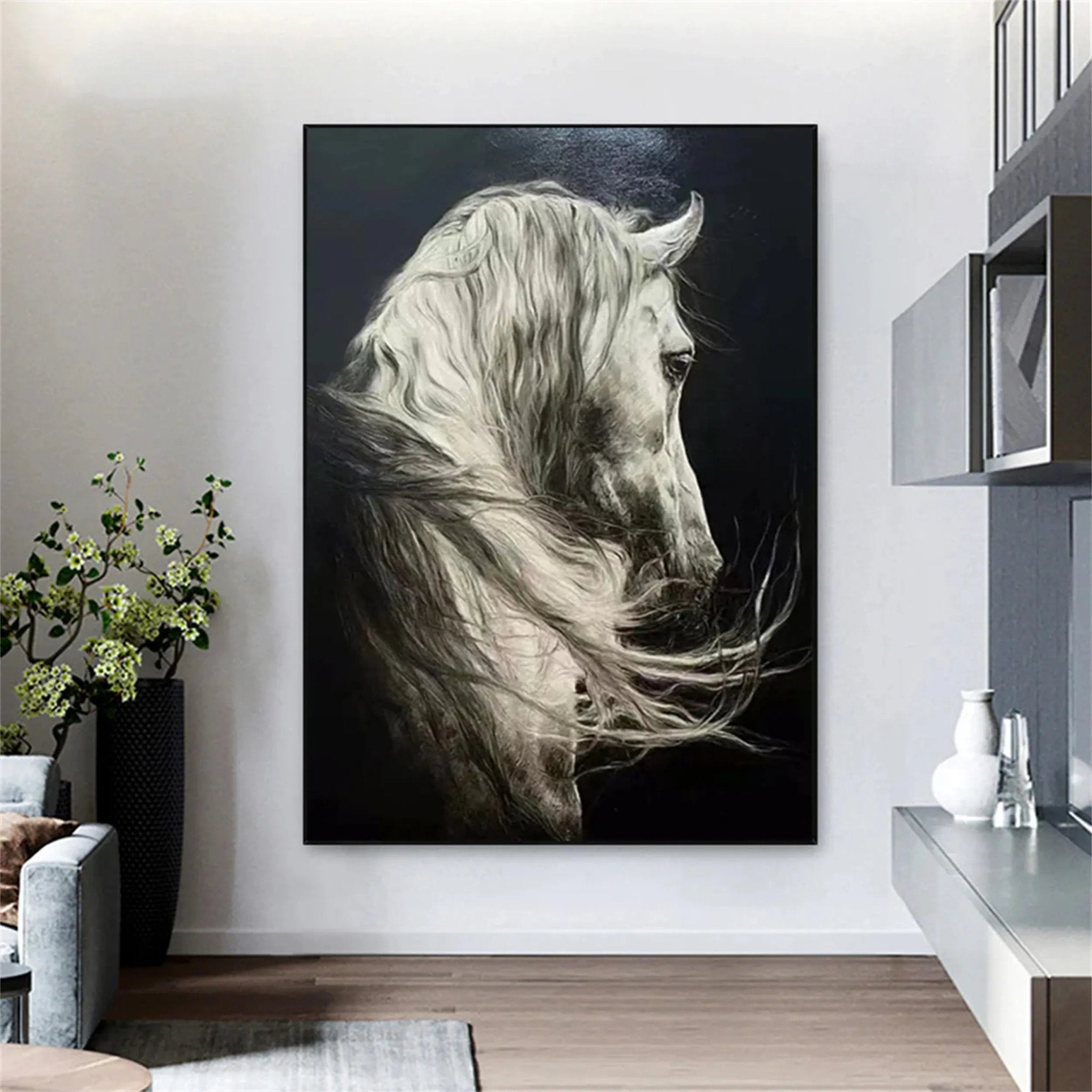White Horse Oil Painting | Large Black & White Equine Art ZZ 017 - Texarart