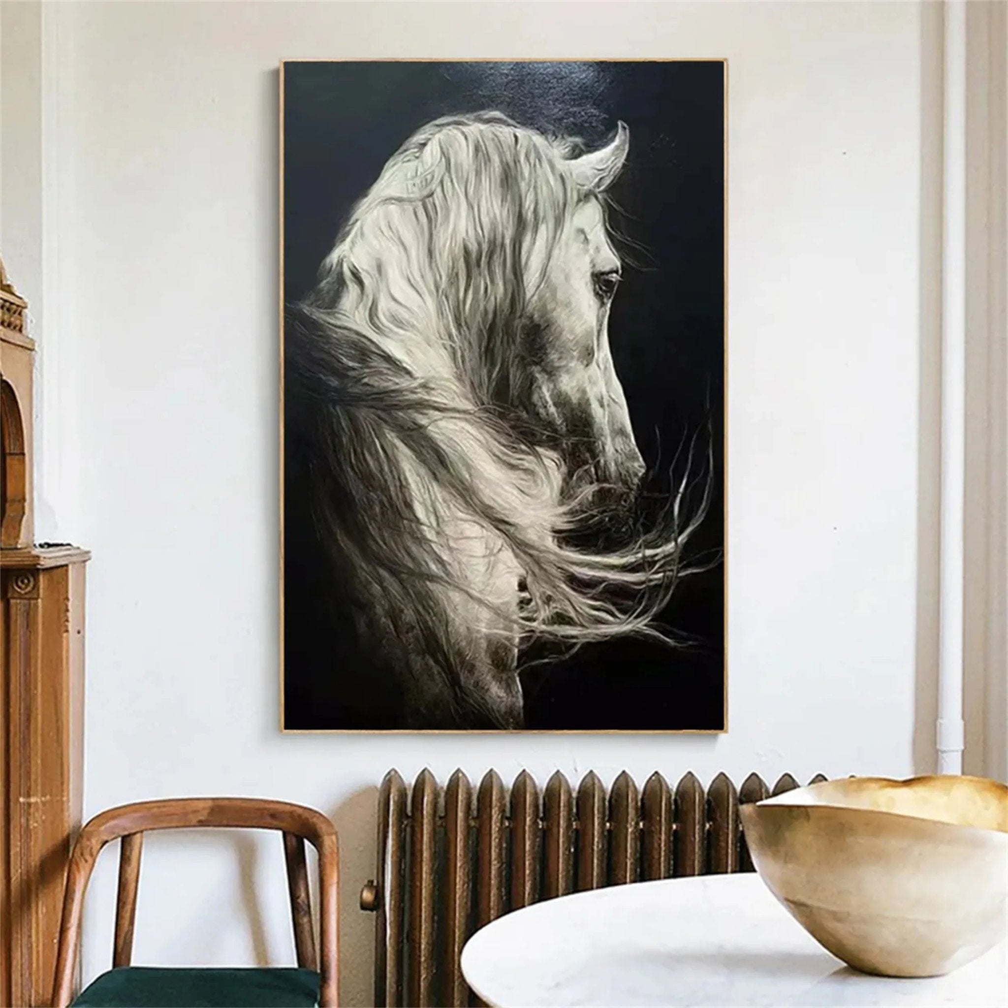 White Horse Oil Painting | Large Black & White Equine Art ZZ 017 - Texarart