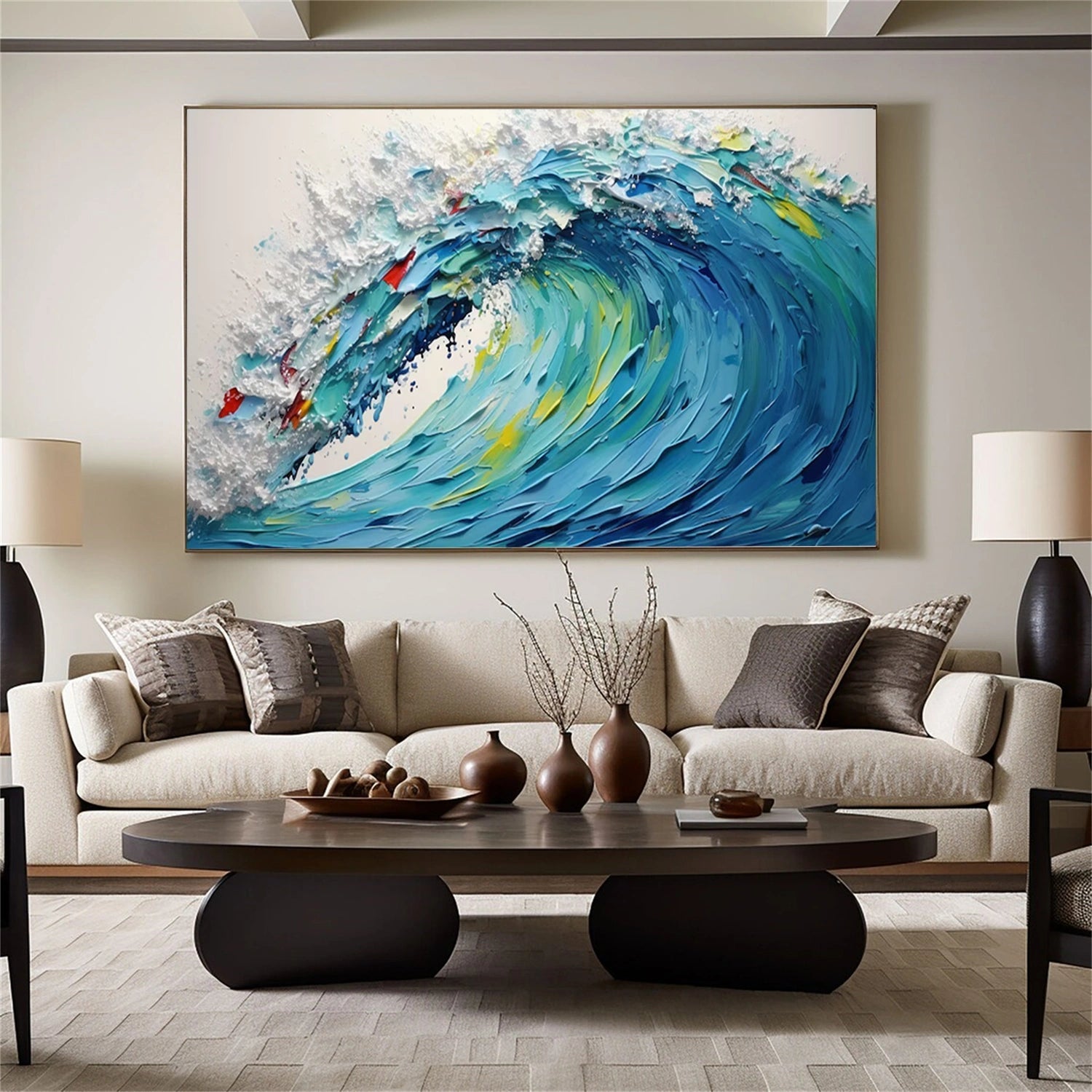 Dynamic Ocean Wave Hand Painted Abstract - Blue White Yellow Modern Oil Painting JJ 161 - Texarart