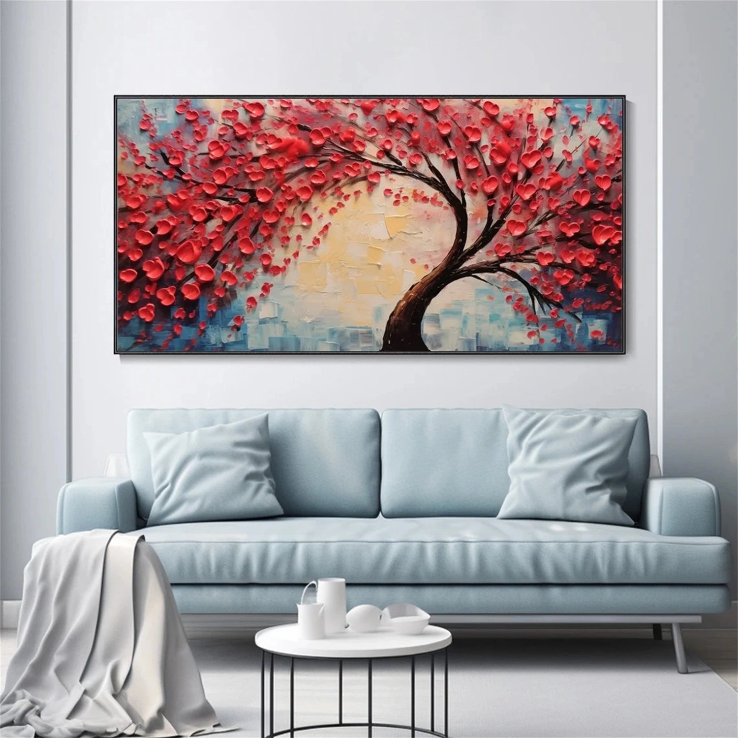 Red Blossom Tree Painting | Textured Abstract Floral Landscape JJ 336 - Texarart