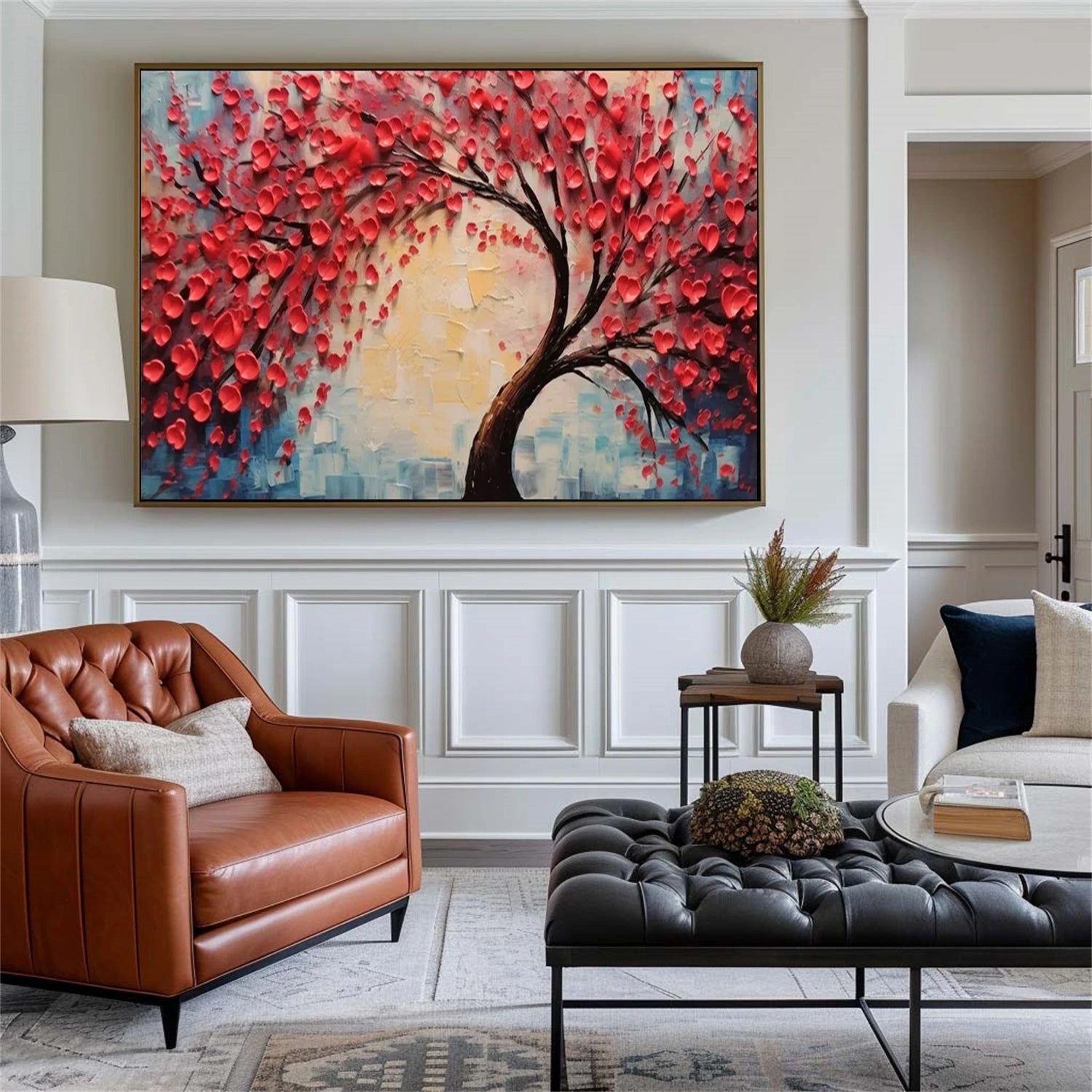 Red Blossom Tree Painting | Textured Abstract Floral Landscape JJ 336 - Texarart