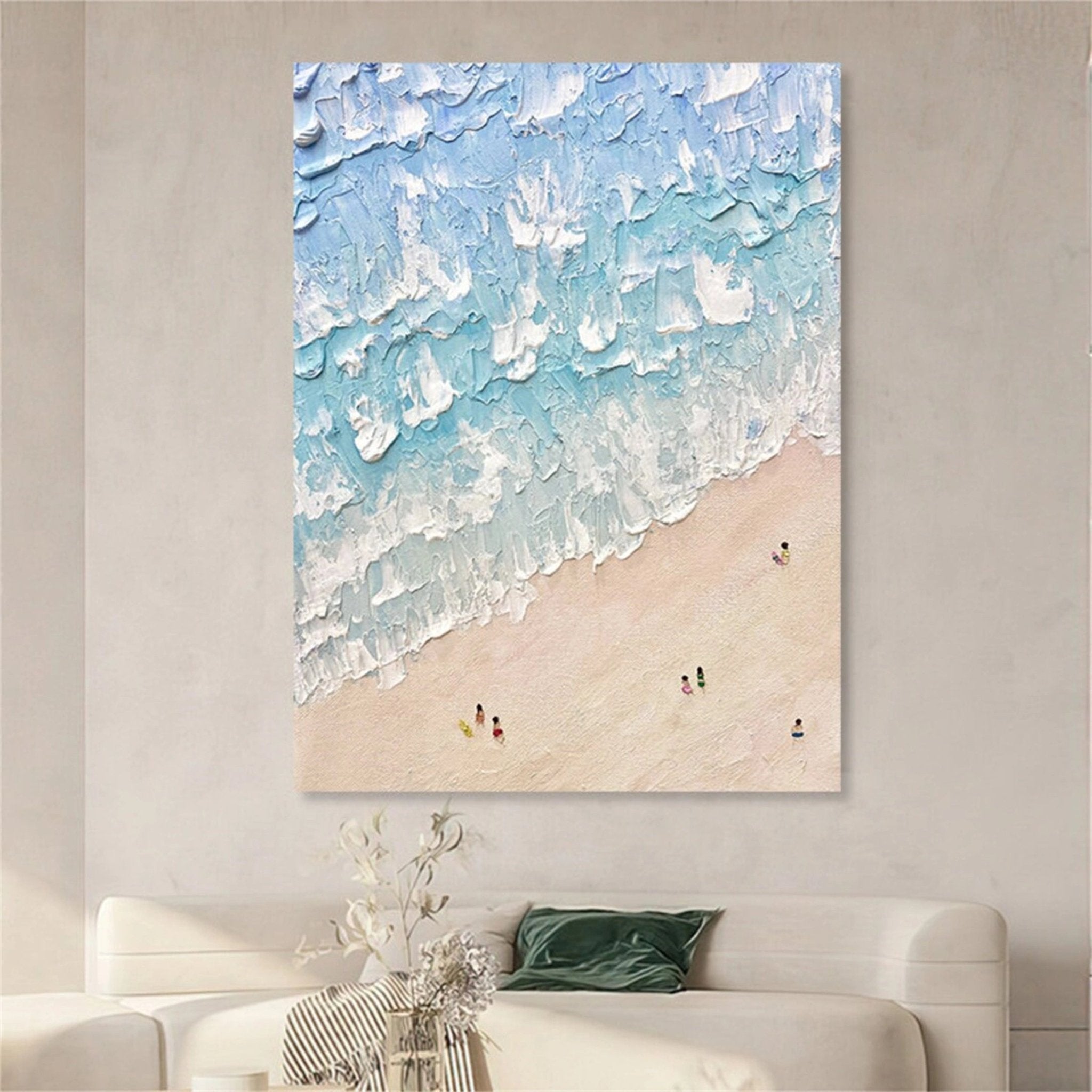 Blue Beach Painting for Living Room | Textured Ocean Abstract Wall Art JJ 229 - Texarart