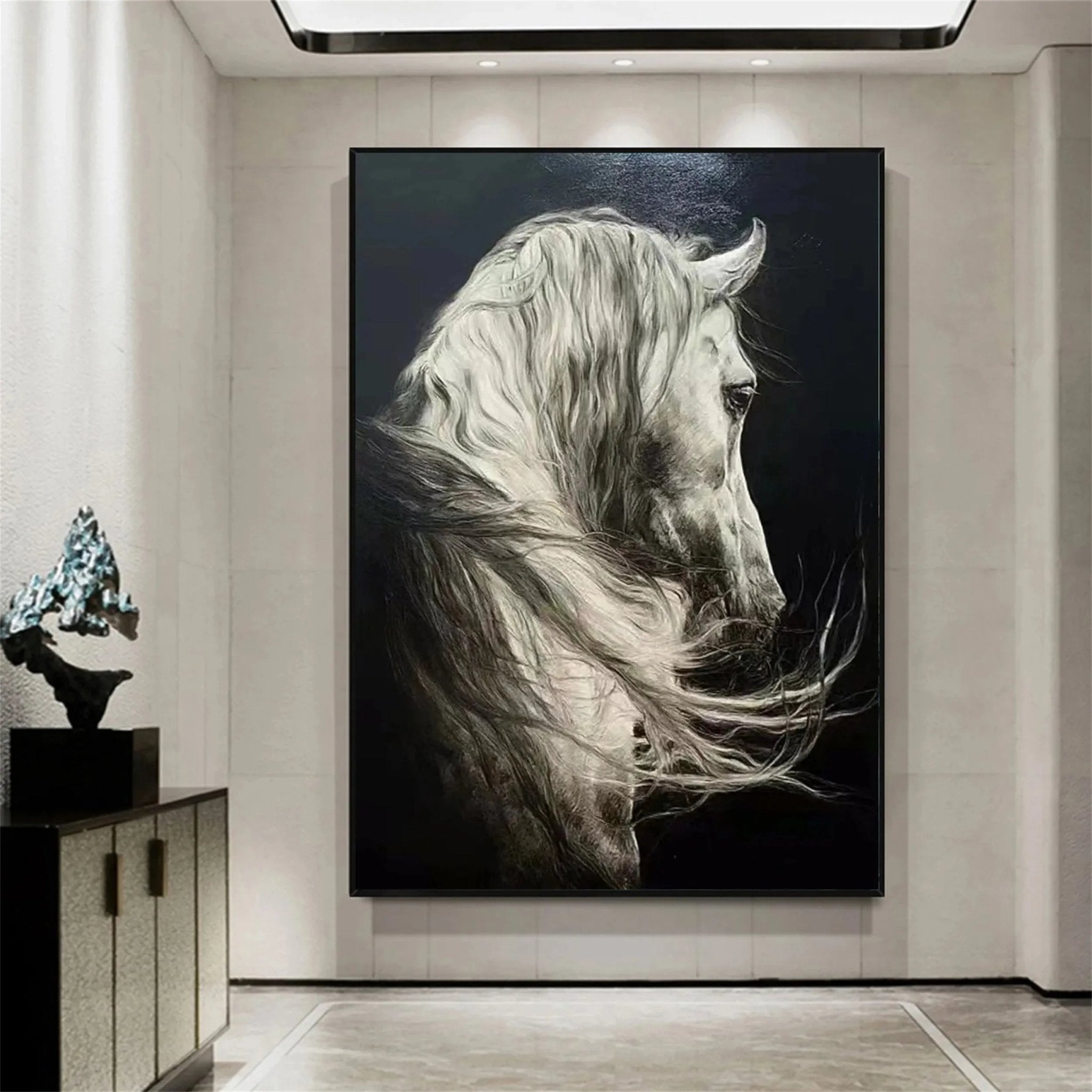 White Horse Oil Painting | Large Black & White Equine Art ZZ 017 - Texarart