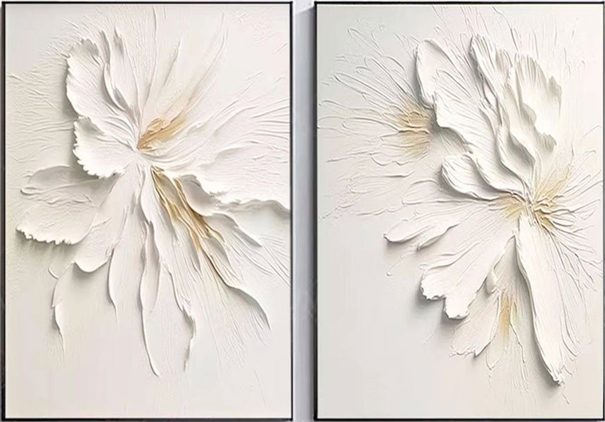 Contemporary Floral Design: White Textured Abstract Canvas Set of 2 ZZ 140 - Texarart