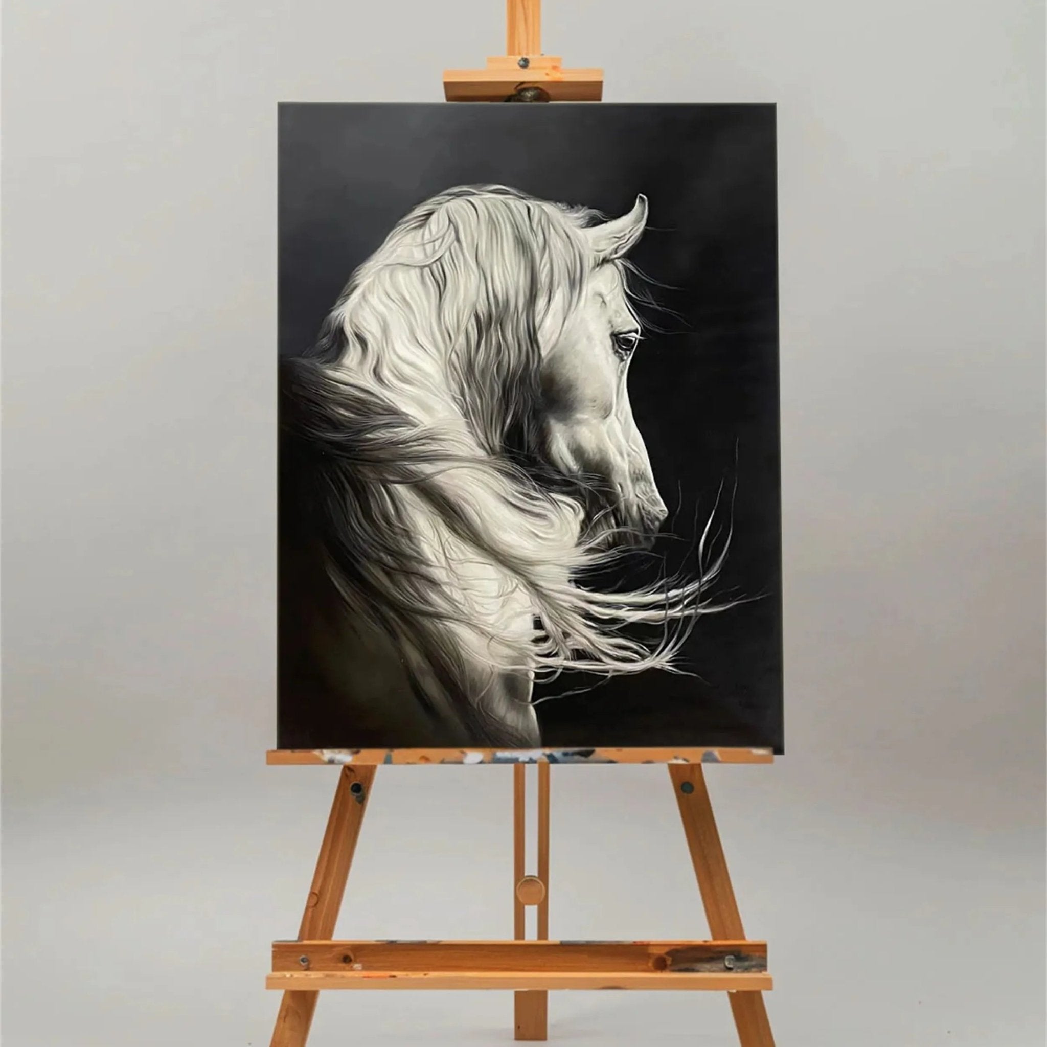 White Horse Oil Painting | Large Black & White Equine Art ZZ 017 - Texarart