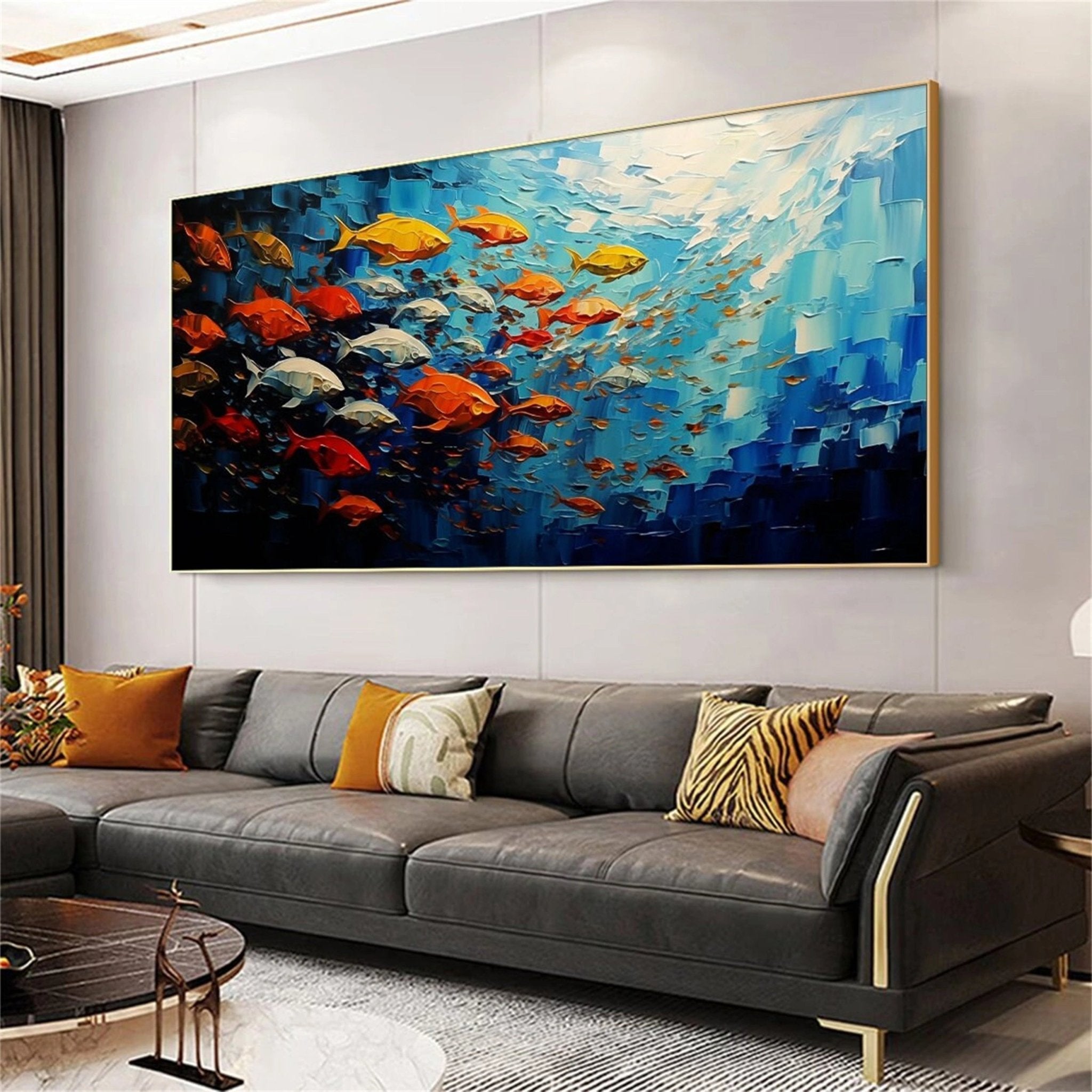 Large Abstract Oil Painting Fish Wall Art - Ocean Painting JJ 242 - Texarart