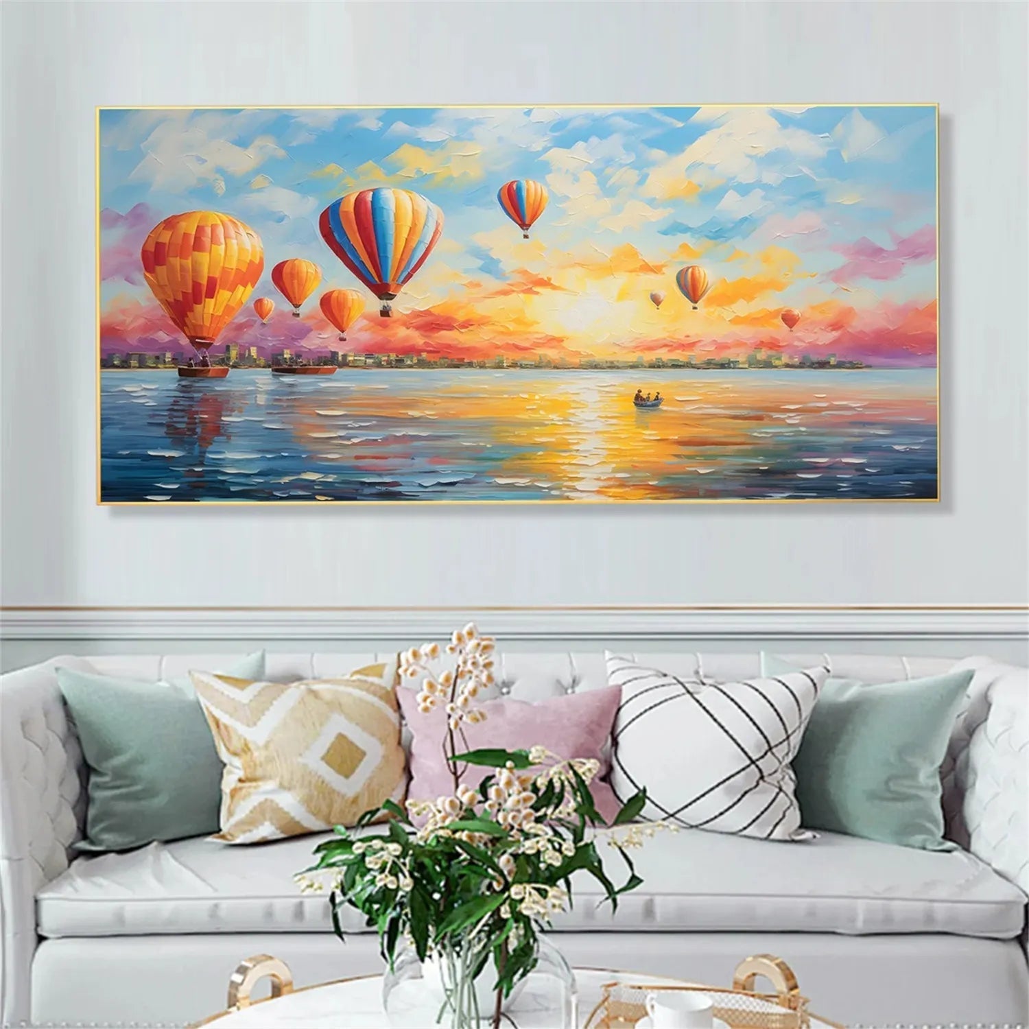 Colorful Hot Air Balloon Sunrise Seascape Oil Painting JJ 193 - Texarart