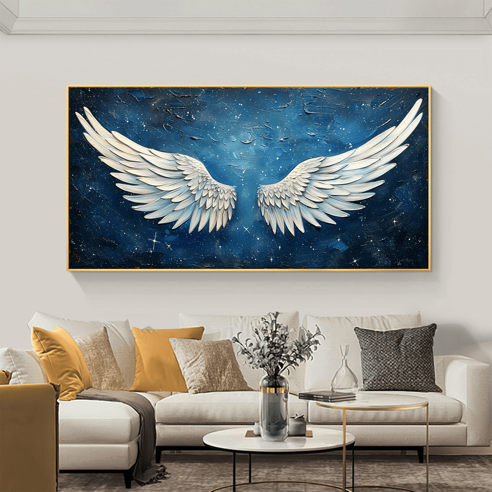 Angel Wings Painting on Blue | Large Textured Celestial Wall Art ZZ 005 - Texarart