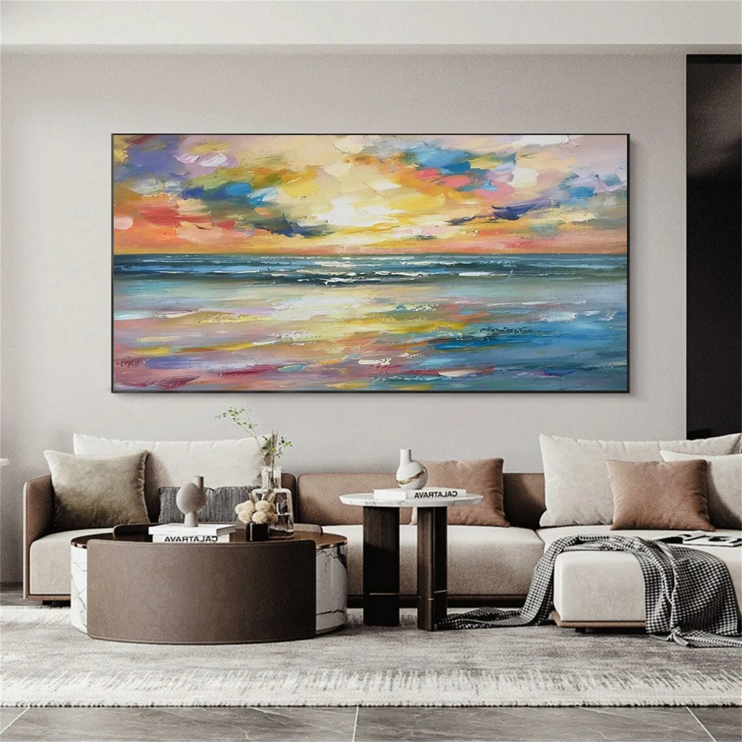 Colorful Sunset Seascape Art - Textured Ocean Oil Painting JJ 192 - Texarart