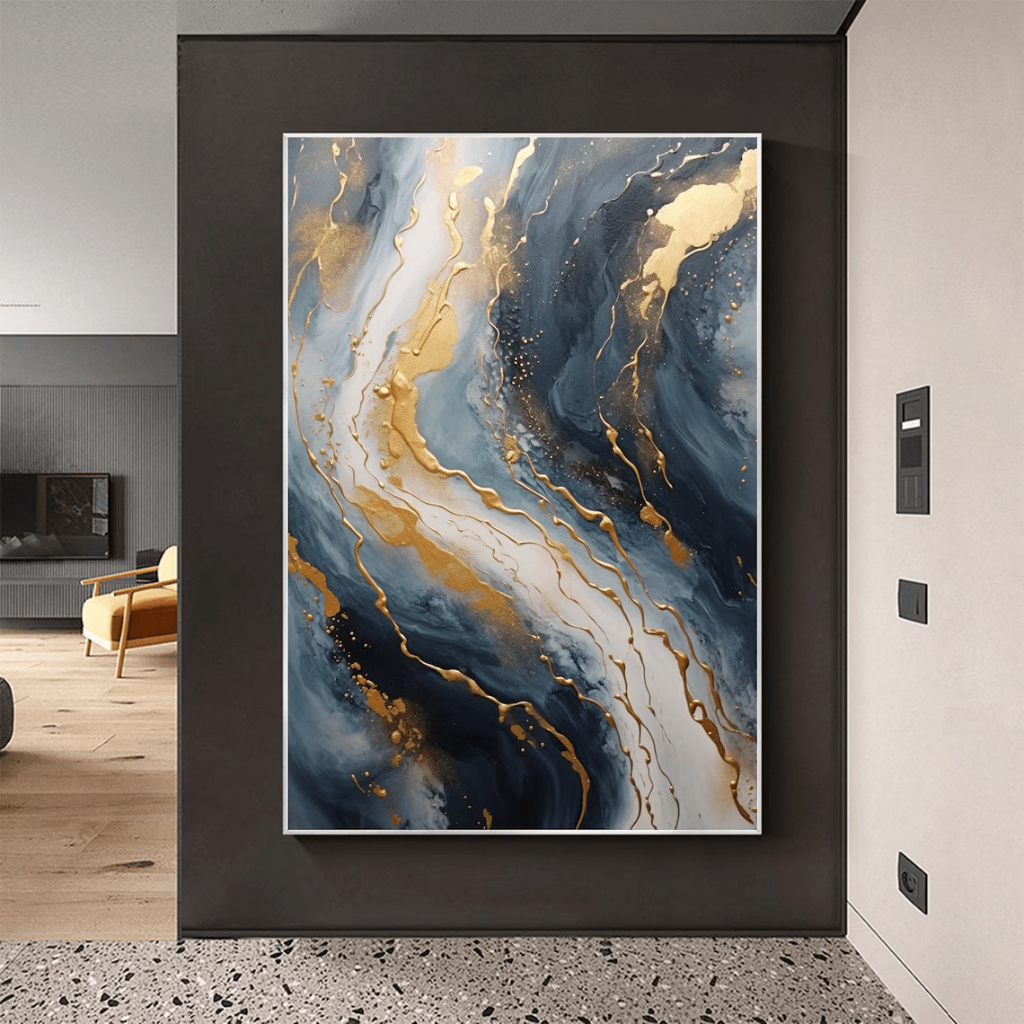 Navy Blue and Gold Abstract Textured Wall Painting | Large Wall Decor TC 074 - Texarart