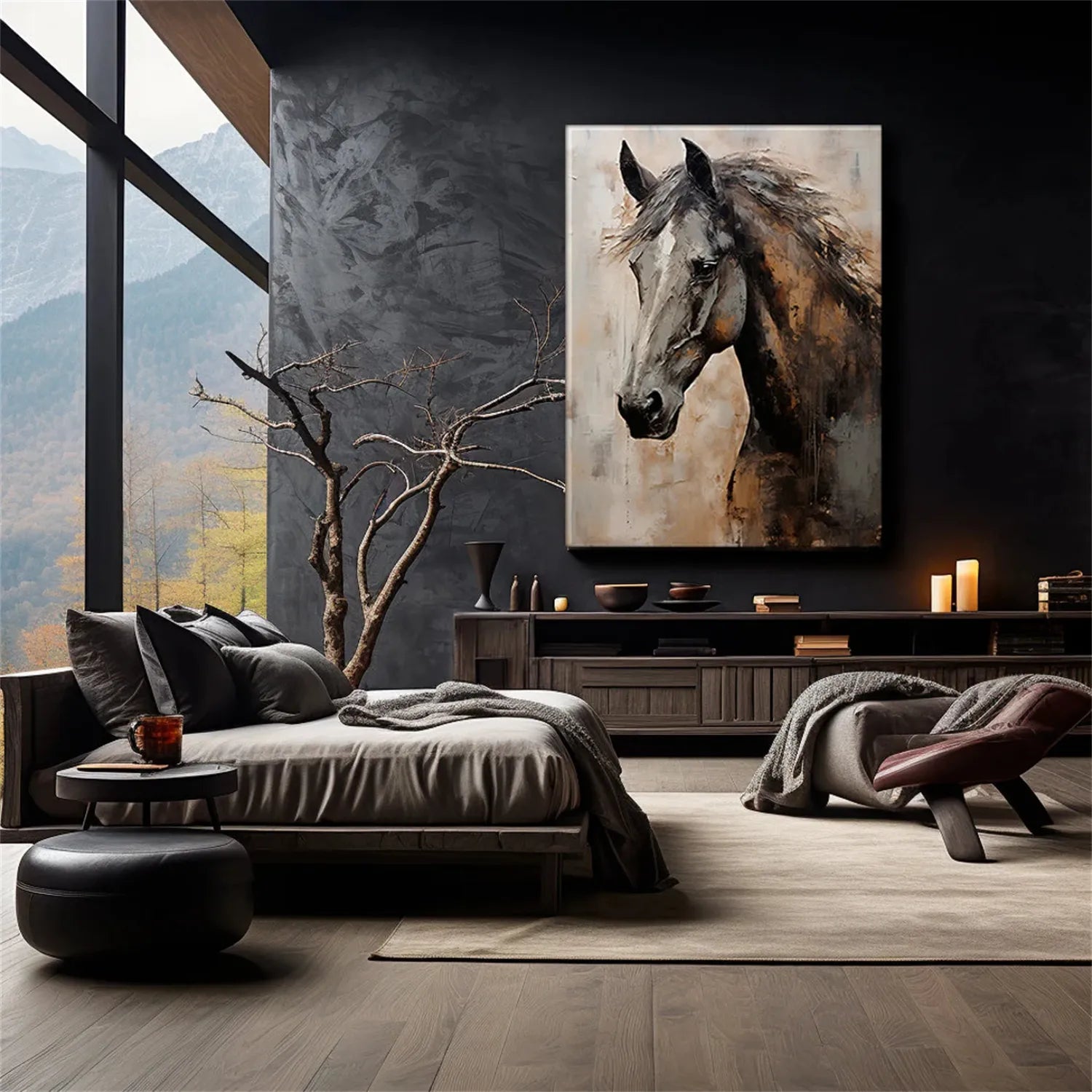 Textured Black Horse Art: Modern Equestrian Oil Painting on Canvas ZZ 021 - Texarart