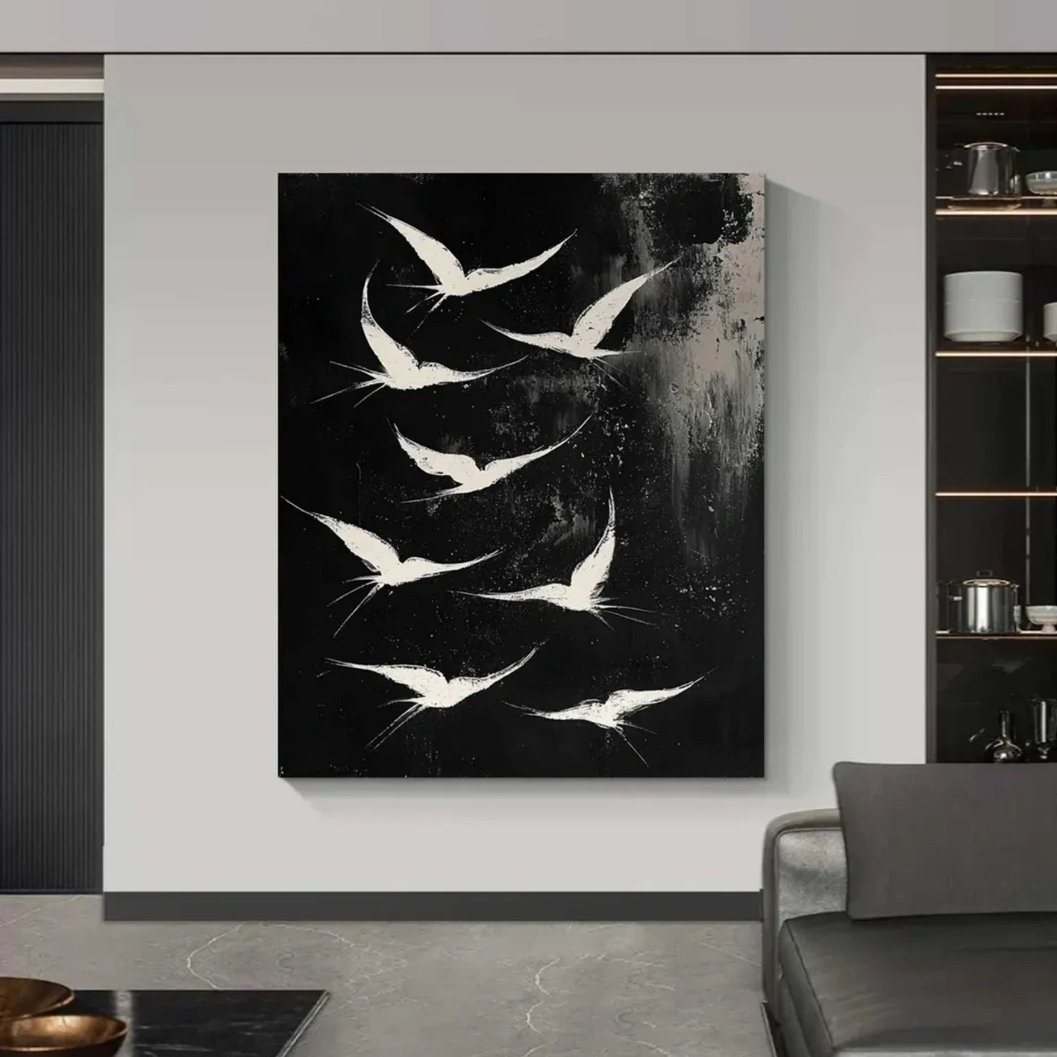 Abstract White Birds Canvas: Minimalist Flight Art ZZ 032 - Texarart