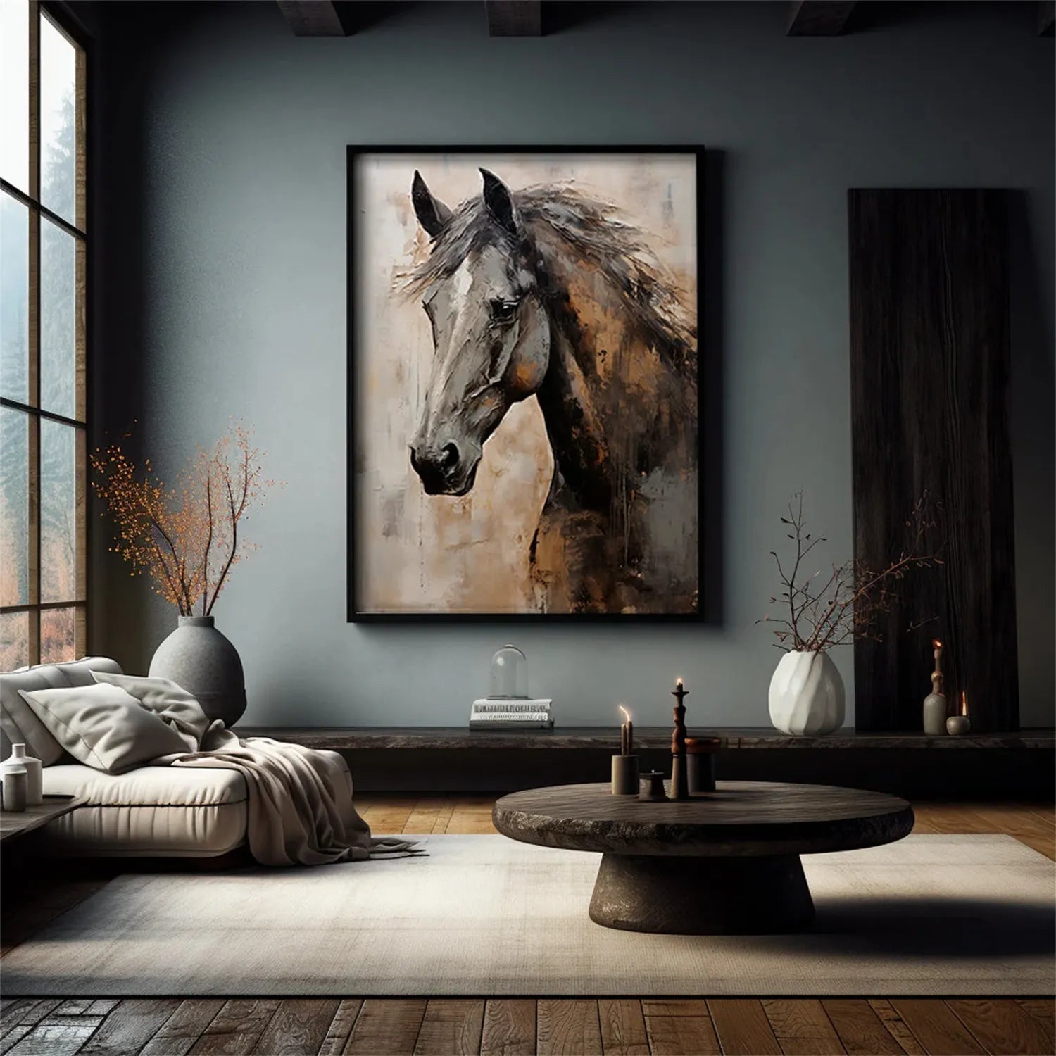 Textured Black Horse Art: Modern Equestrian Oil Painting on Canvas ZZ 021 - Texarart