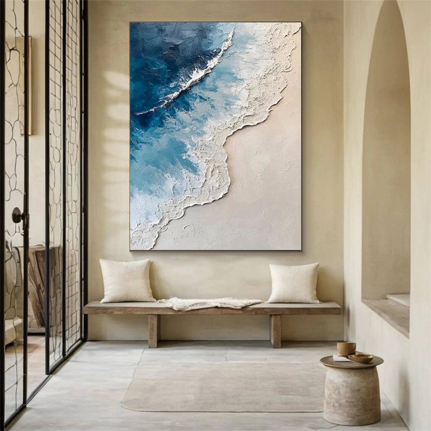 Calm Coastal Sand and Sea Textured Abstract - Blue and White Minimalist Oil Painting JJ 136 - Texarart