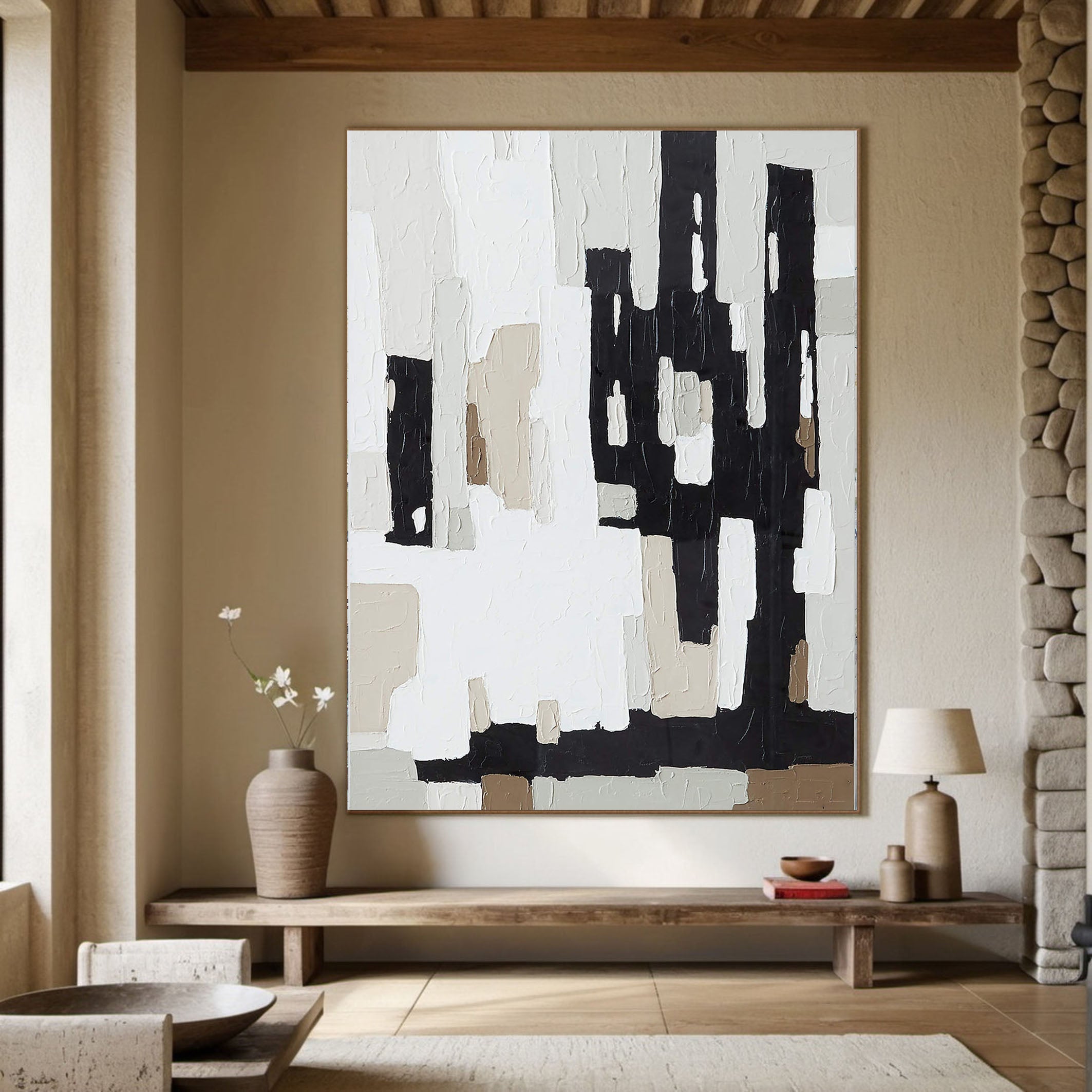 Textured Abstract Art - Black and White Modern Painting TC 114 - Texarart