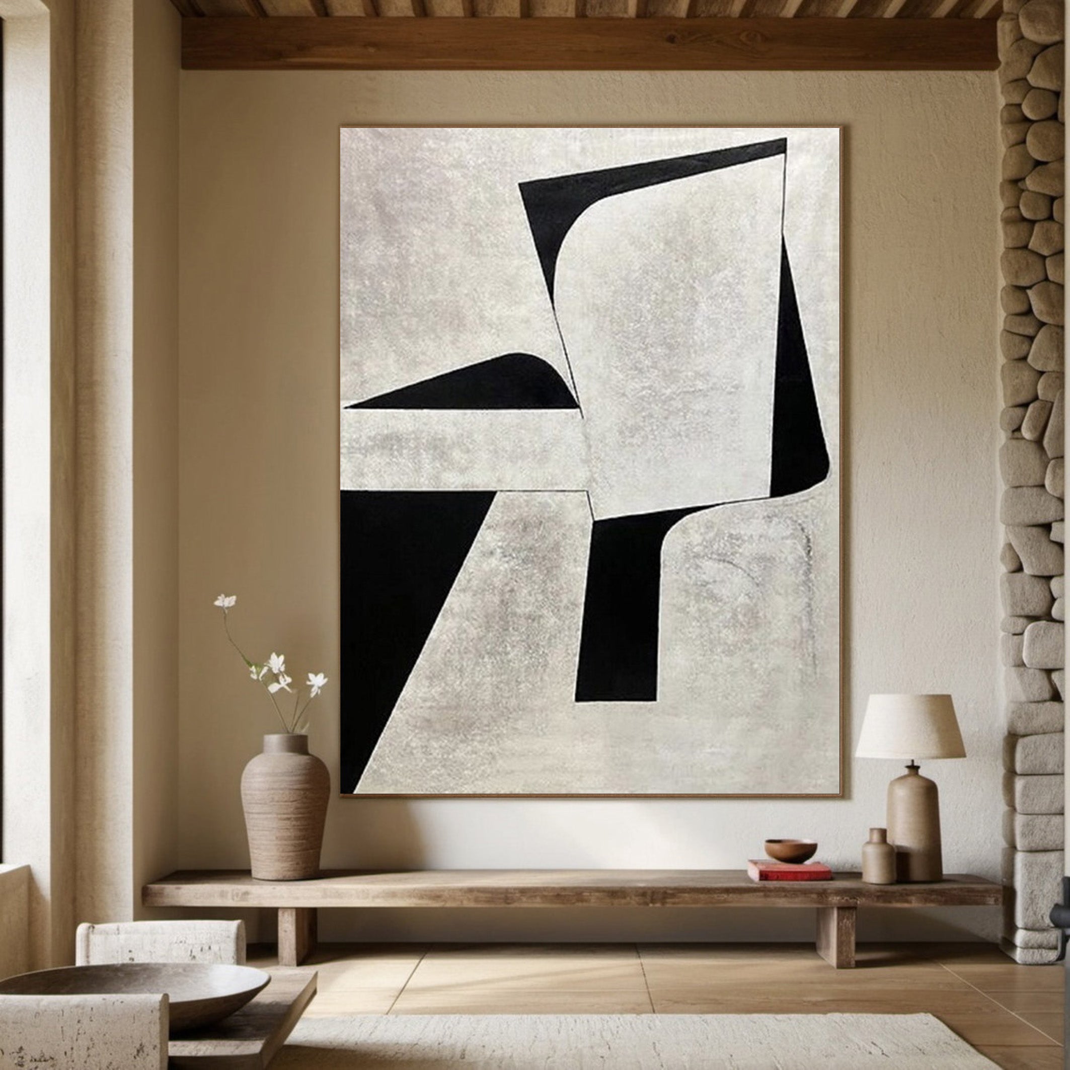 Minimalist Geometric Abstract Art - Black and White Block Oil Painting JJ 060 - Texarart