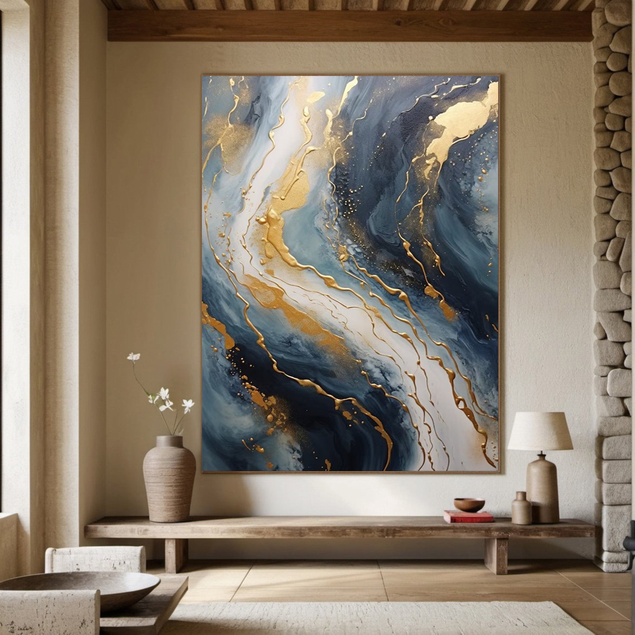 Abstract Gold and Blue Wall Art - Modern Canvas Painting JJ 058 - Texarart