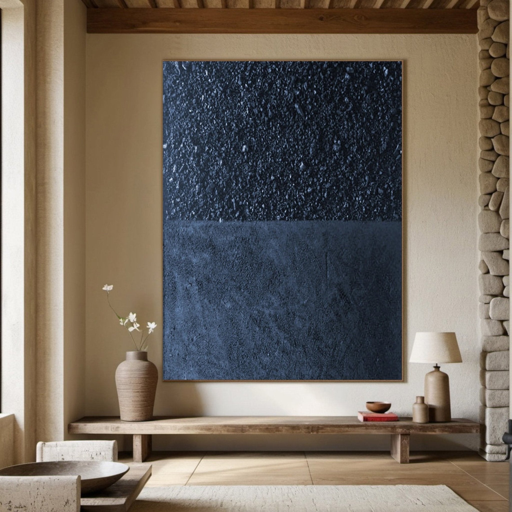 Deep Blue Textured Abstract Oil Painting - Modern Minimalist Art JJ 062 - Texarart