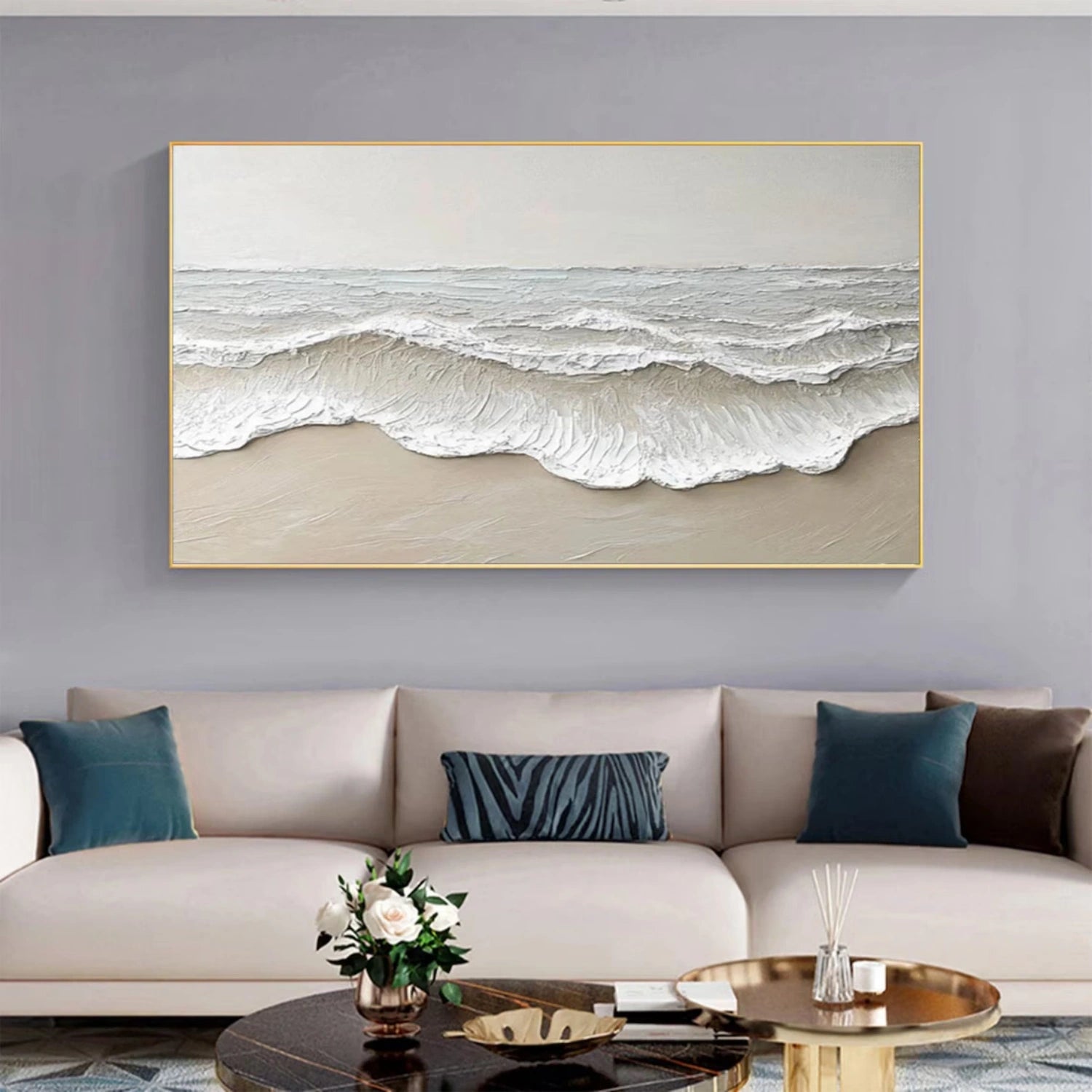 Large Textured Beach Wall Art | Neutral Abstract Ocean Wave Canvas ZZ 081 - Texarart