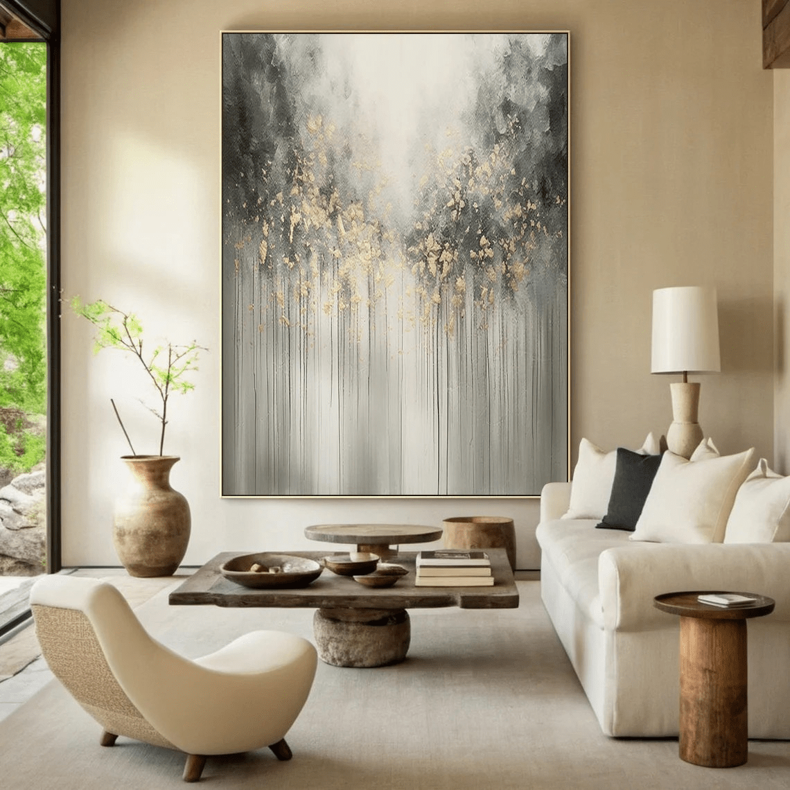 Large Abstract Nature Painting | Grey, Black, Gold Forest Art TC 064 - Texarart