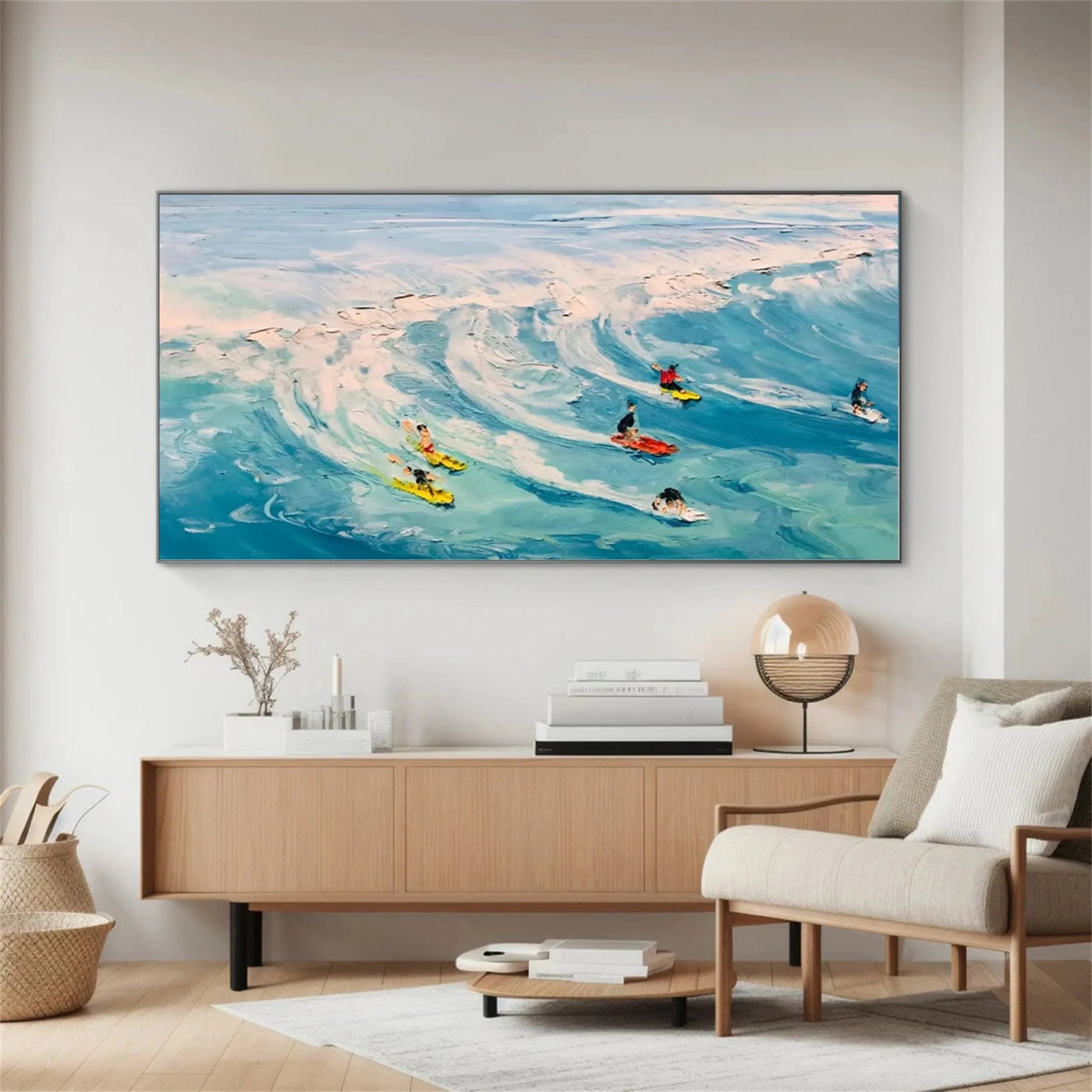 Textured Seascape Oil Painting - Light Blue Beige Art Deco JJ 190 - Texarart