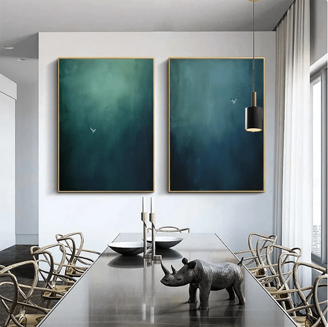 Large Abstract Oil Painting Diptych Hand - Painted Blue Green Sky/Ocean Art | TC 010 - Texarart
