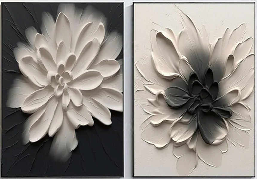 3D Textured Flower Painting Set | Black & White Floral Diptych Art JJ 085 - Texarart