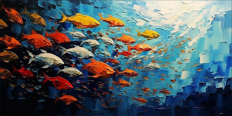 Large Abstract Oil Painting Fish Wall Art - Ocean Painting JJ 242 - Texarart