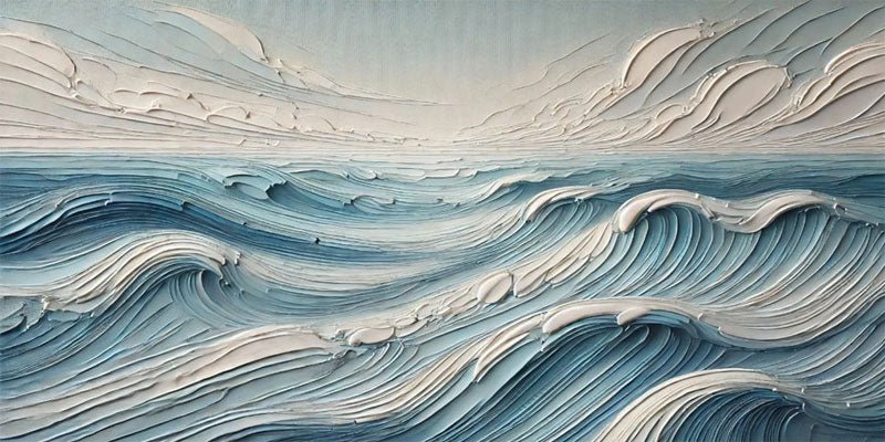 Wide Calm Ocean Wave Textured Abstract - Blue and White Minimalist Oil Painting JJ 166 - Texarart