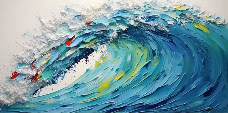 Dynamic Ocean Wave Hand Painted Abstract - Blue White Yellow Modern Oil Painting JJ 161 - Texarart