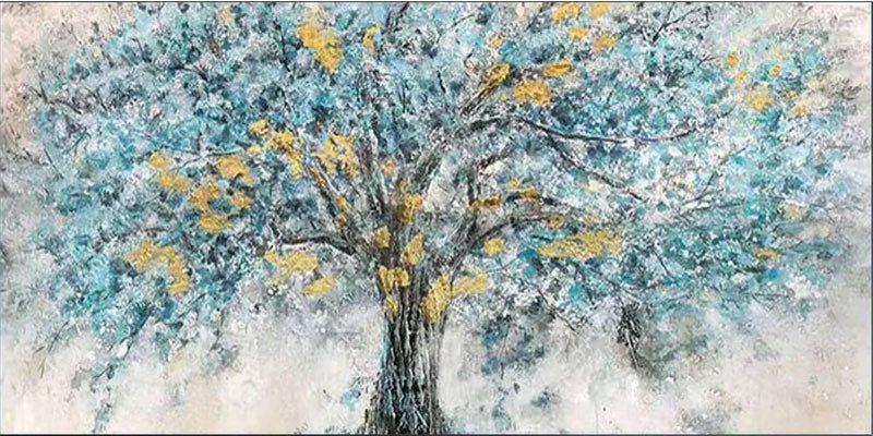 Abstract Tree Oil Painting with Blue & Gold Textured Leaves JJ 038 - Texarart