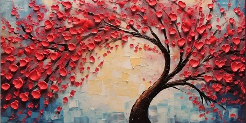 Red Blossom Tree Painting | Textured Abstract Floral Landscape JJ 336 - Texarart