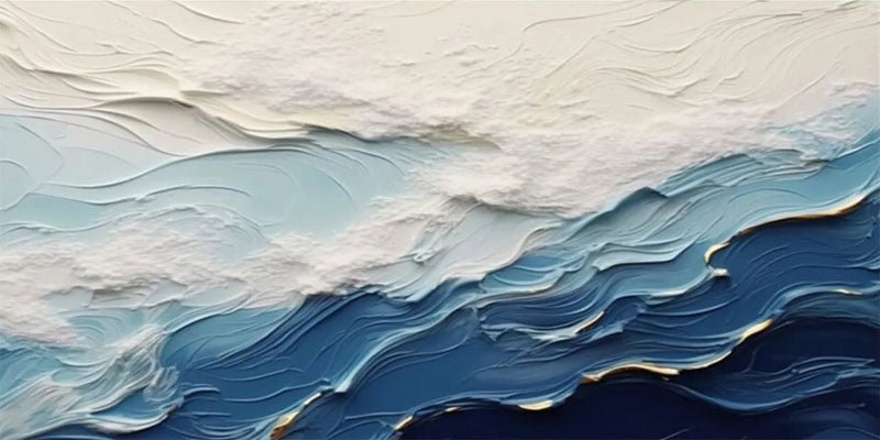 Wide Format Blue and White Textured Wave Abstract Oil Painting - Modern Ocean Art JJ 167 - Texarart
