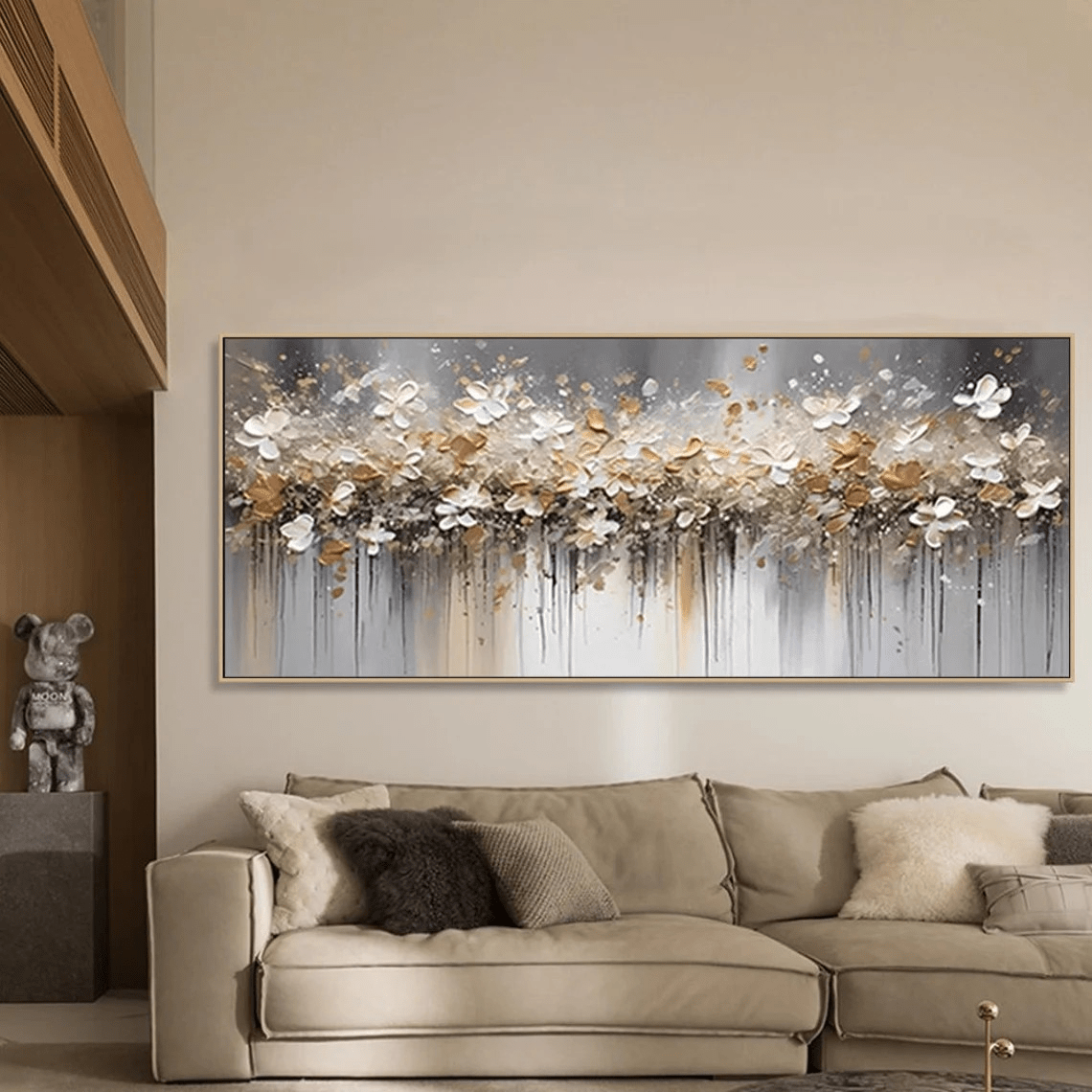 Textured Floral Abstract Oil Art - Gold Beige with Dripping JJ 021 - Texarart