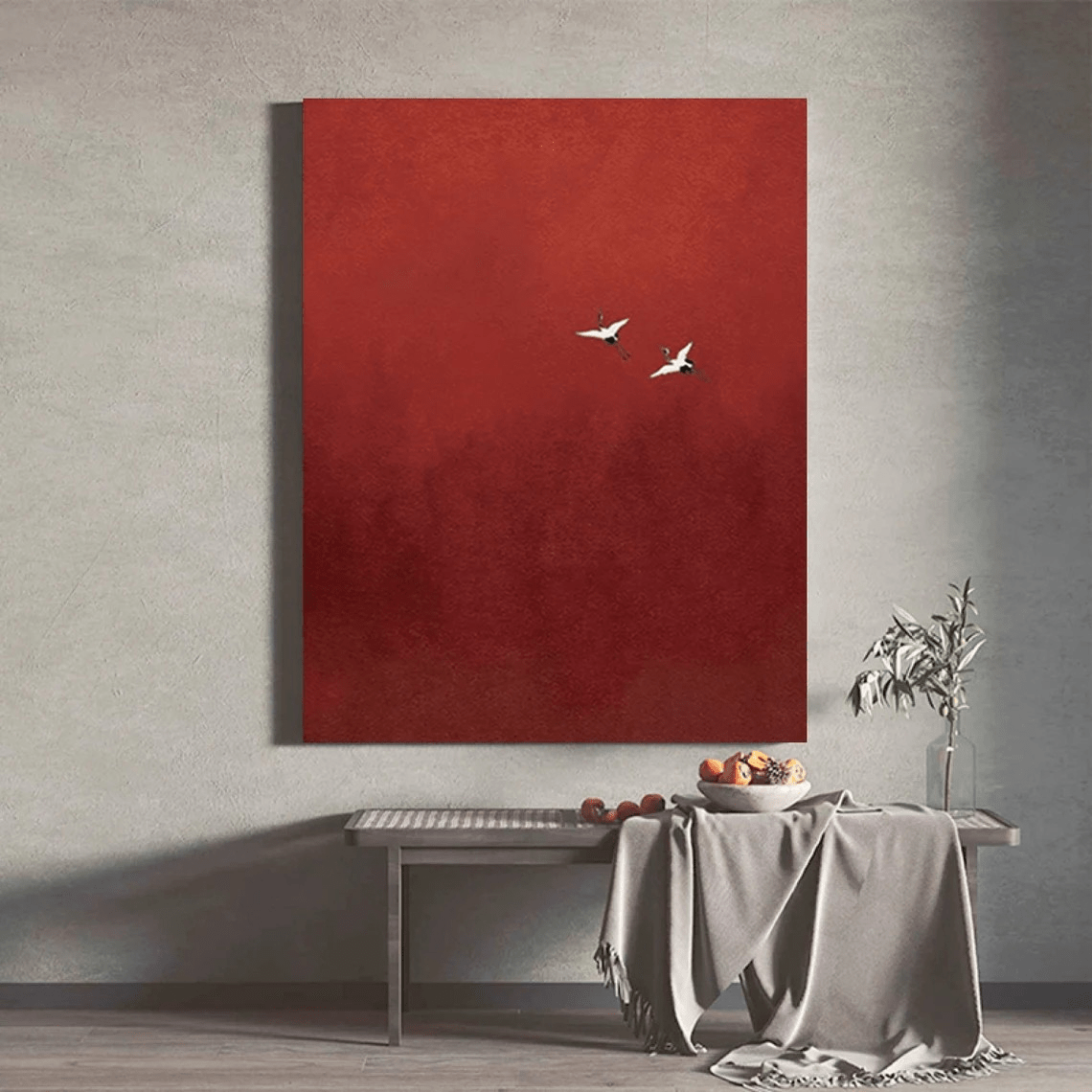 Minimalist Red Abstract Oil Painting with Flying Birds Wall Art TC 026 - Texarart