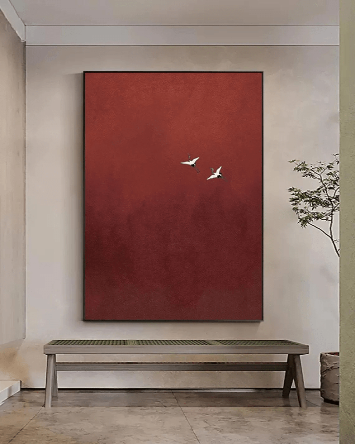 Minimalist Red Abstract Oil Painting with Flying Birds Wall Art TC 026 - Texarart