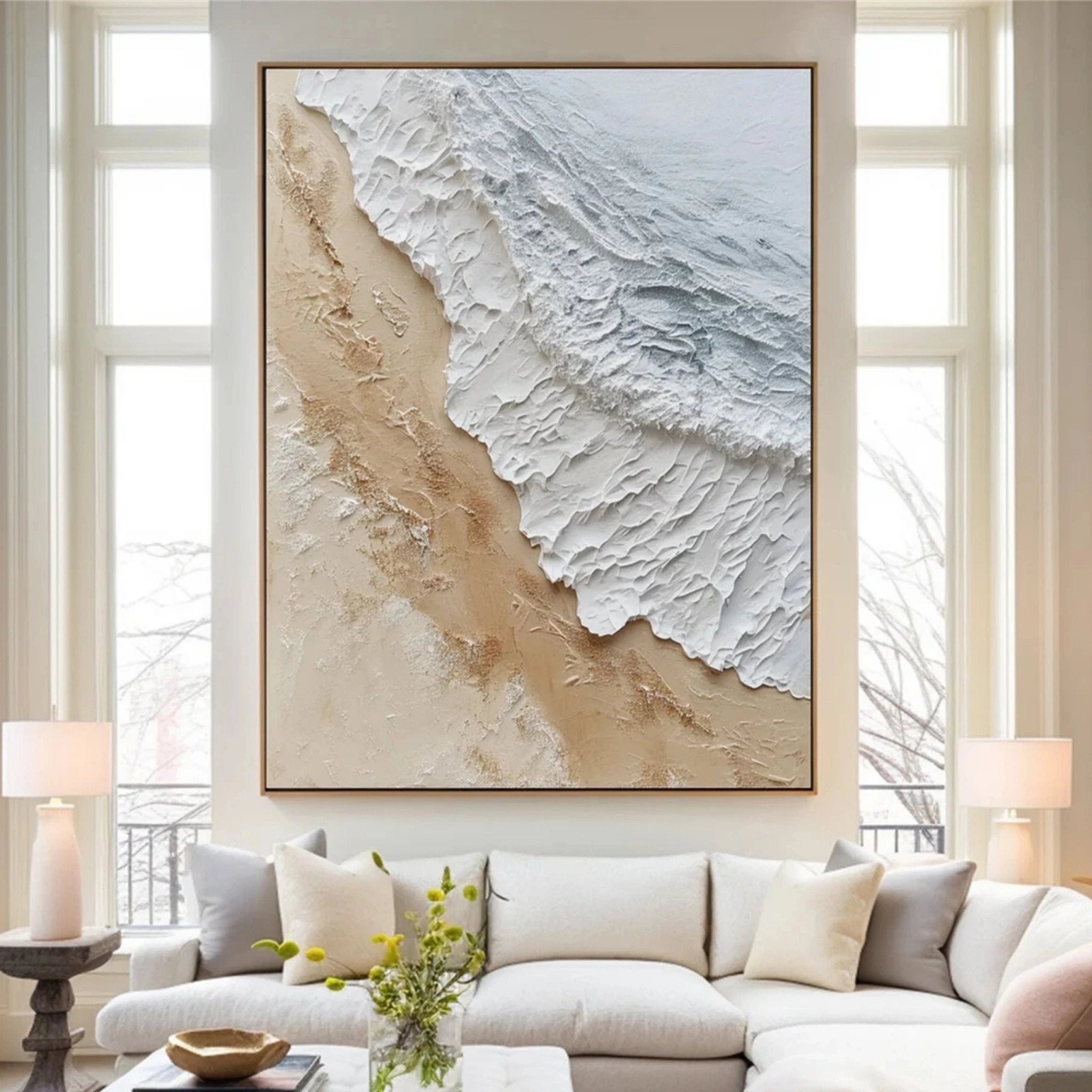 Large Textured Beach Wall Art | Vertical Neutral Coastal Canvas ZZ 065 - Texarart