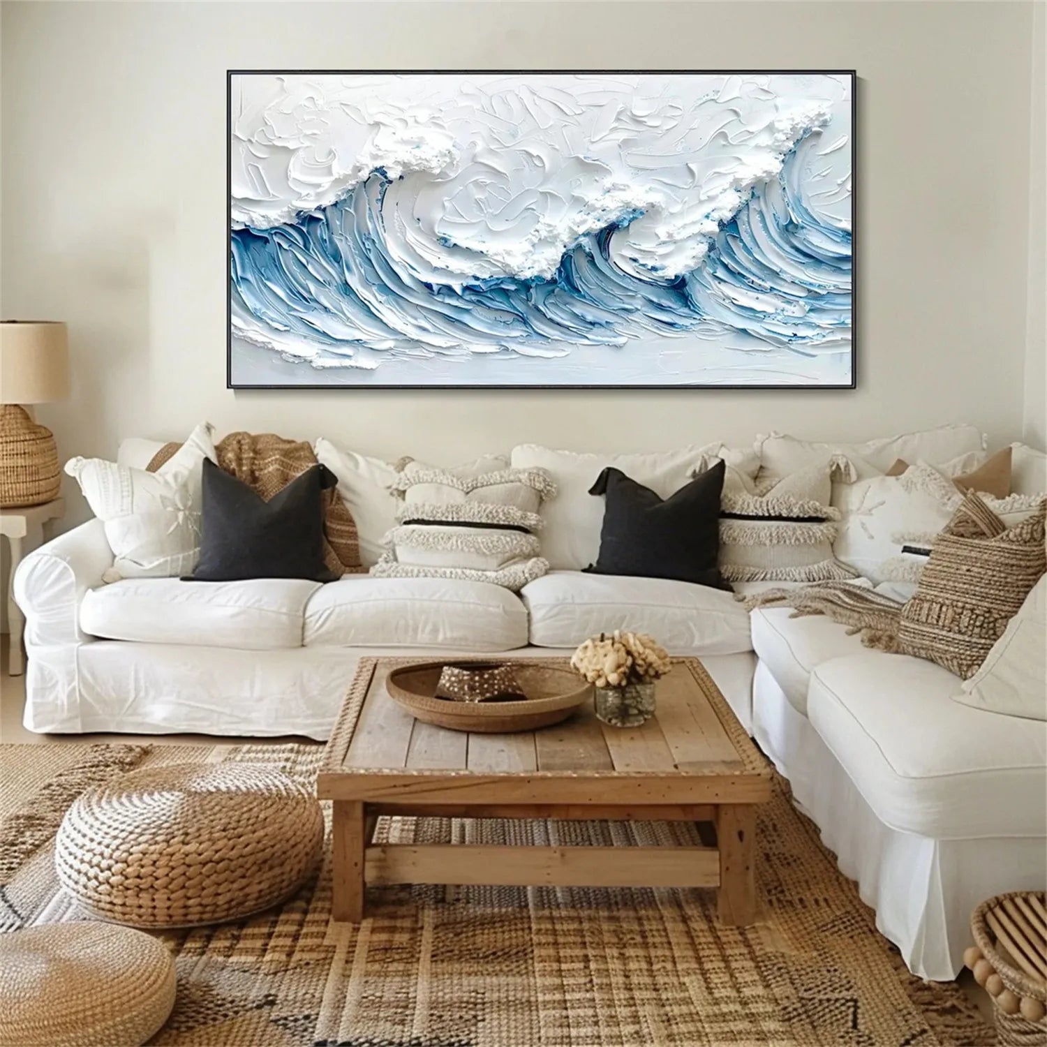 Modern Panoramic Blue Wave Textured Abstract Oil Painting - Ocean Art JJ 179 - Texarart