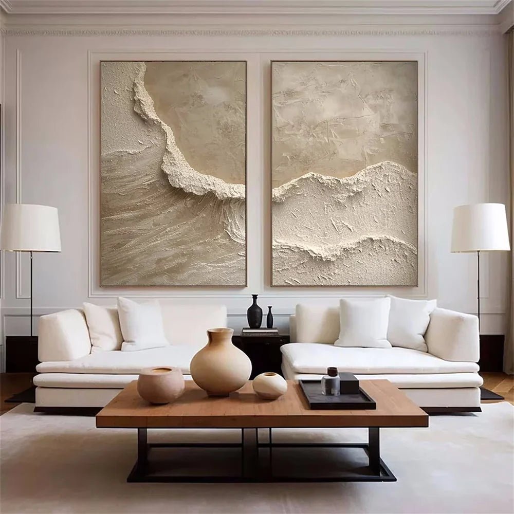 Textured Abstract Wave Oil Painting | Large Beige Wall Art Set of 2 ZZ 010 - Texarart
