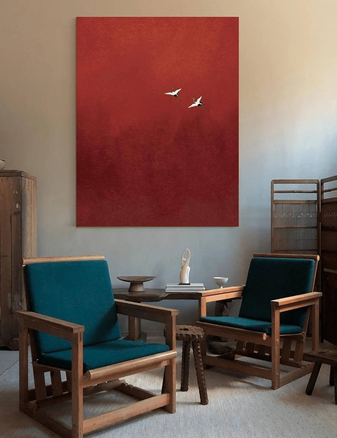Minimalist Red Abstract Oil Painting with Flying Birds Wall Art TC 026 - Texarart