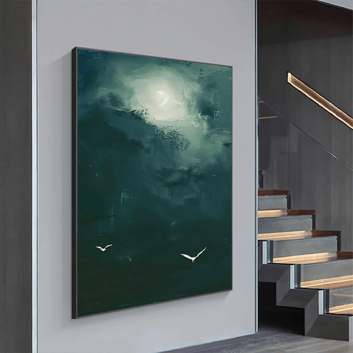 Dark Teal Abstract Oil Painting with Moon and Birds Wall Art TC 029 - Texarart