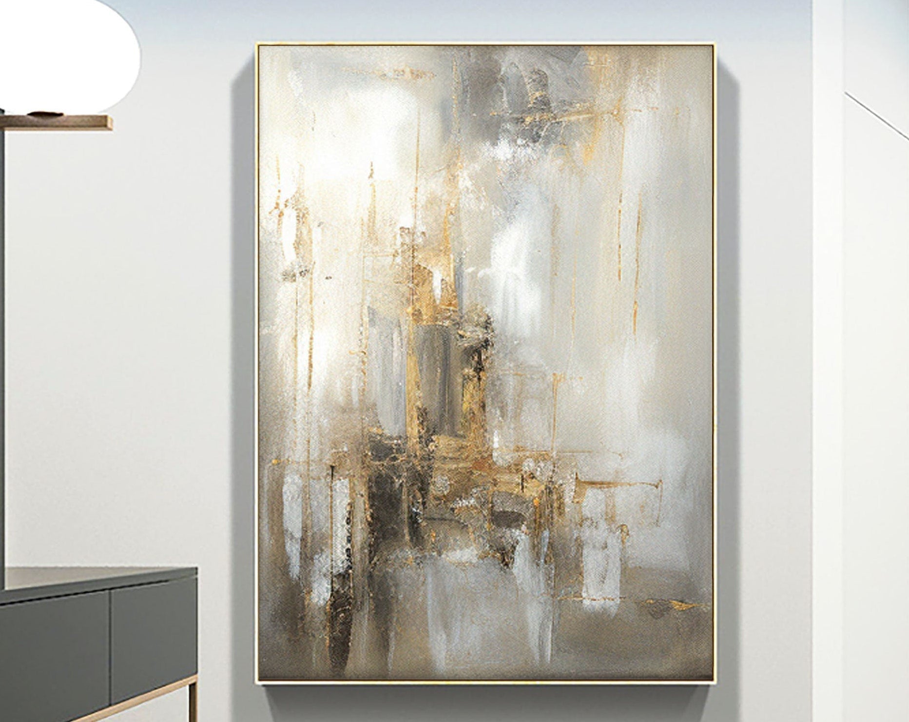 Atmospheric Abstract Canvas Painting | Grey Gold White Wall Art JJ 074 - Texarart