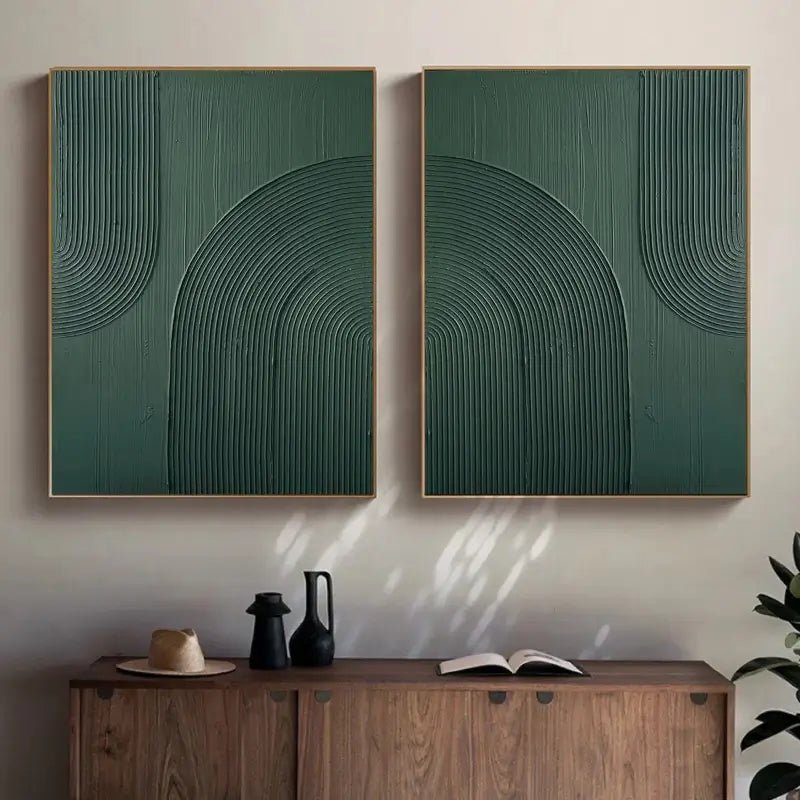3D Linear Green Painting Set | Modern Textured Abstract Wall Art Pair JJ 083 - Texarart