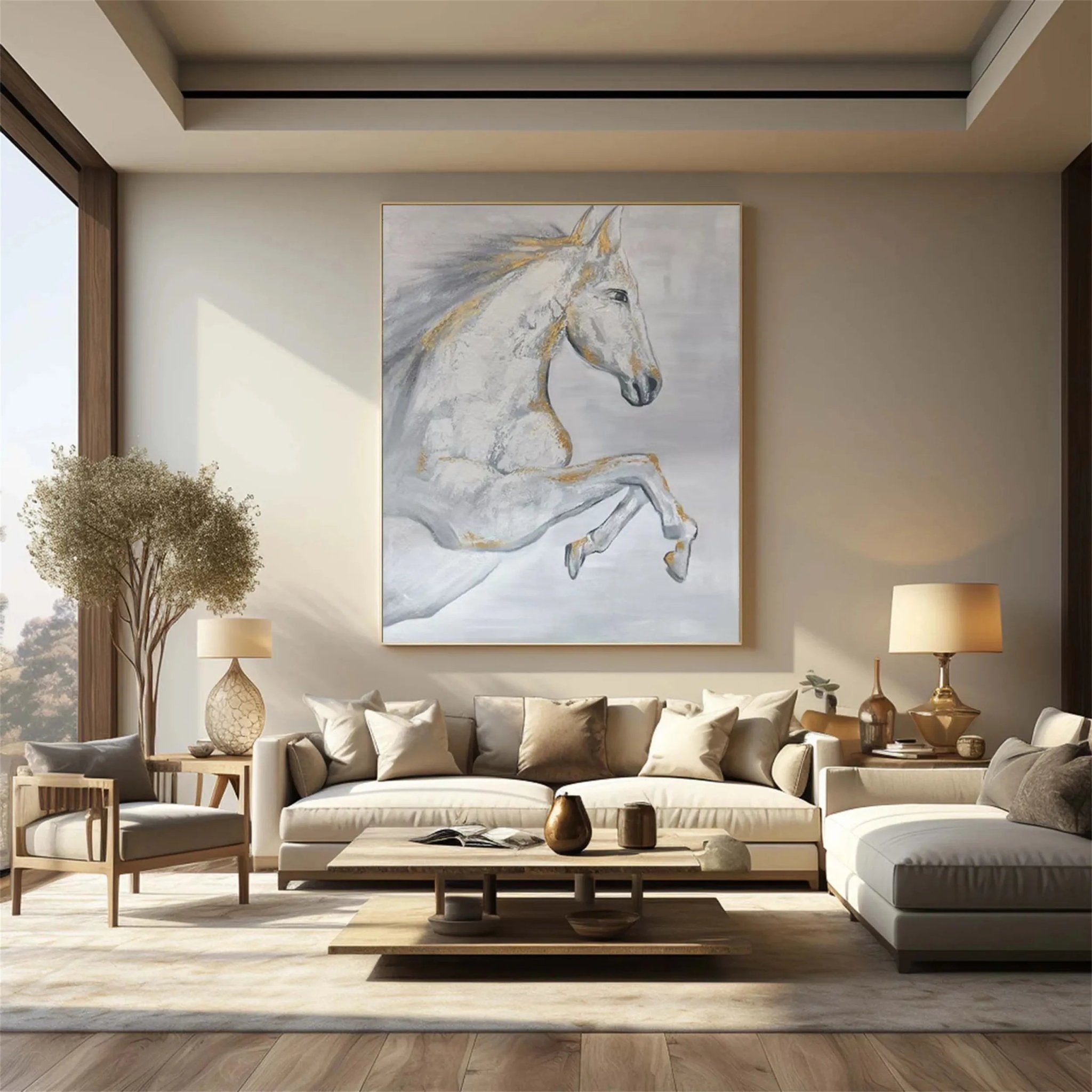 Contemporary Animal Art - White Horse Wall Art for Room Decor ZZ 154 - Texarart