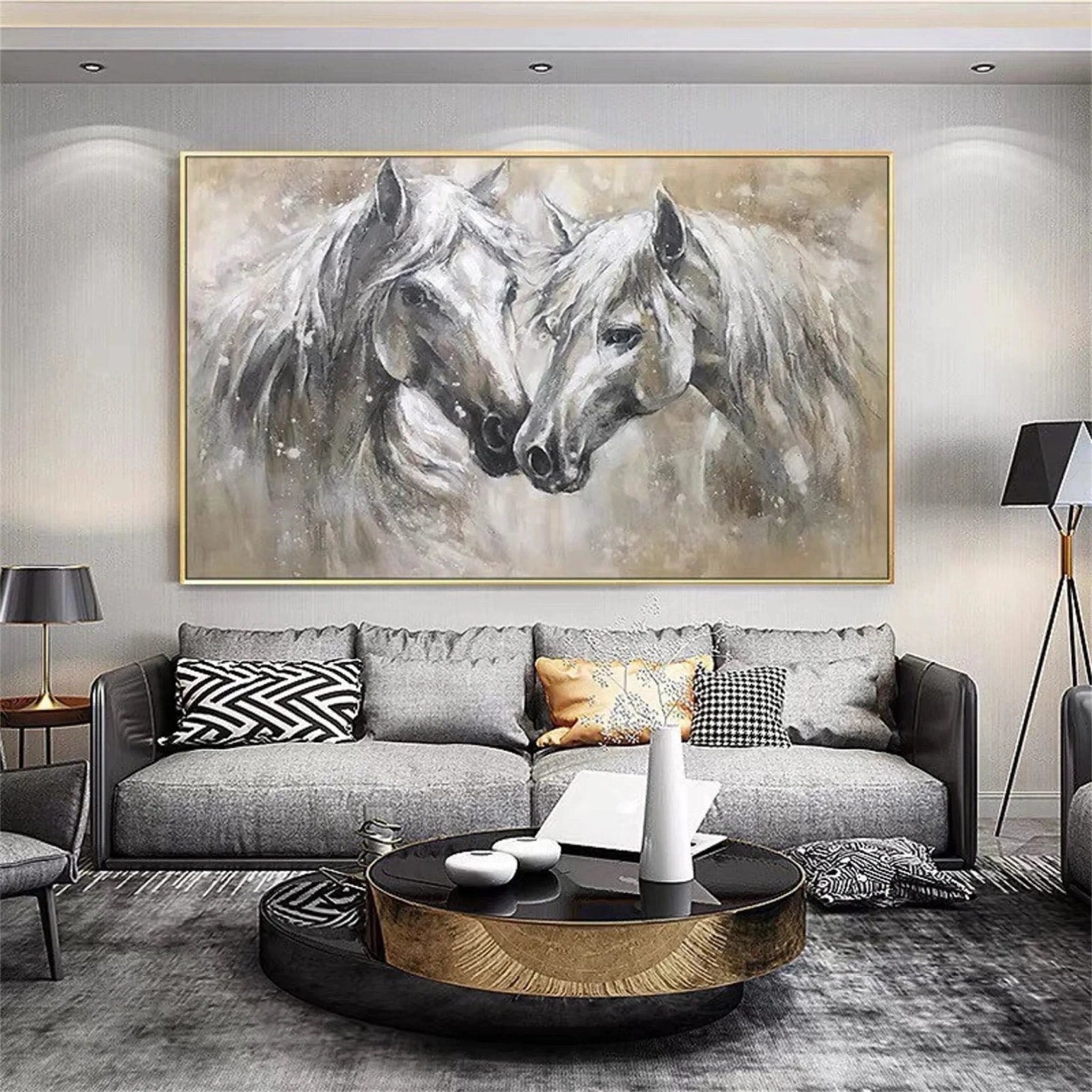 Two Horses Wall Art Abstract Oil Painting - Modern Animal Art JJ 090 - Texarart