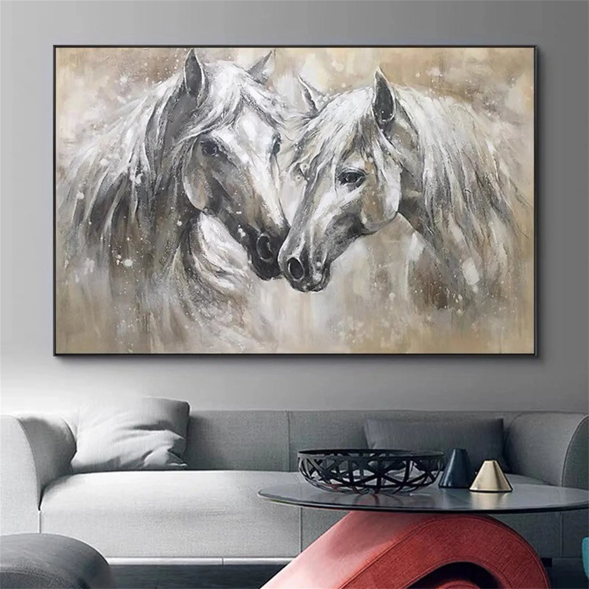 Two Horses Wall Art Abstract Oil Painting - Modern Animal Art JJ 090 - Texarart