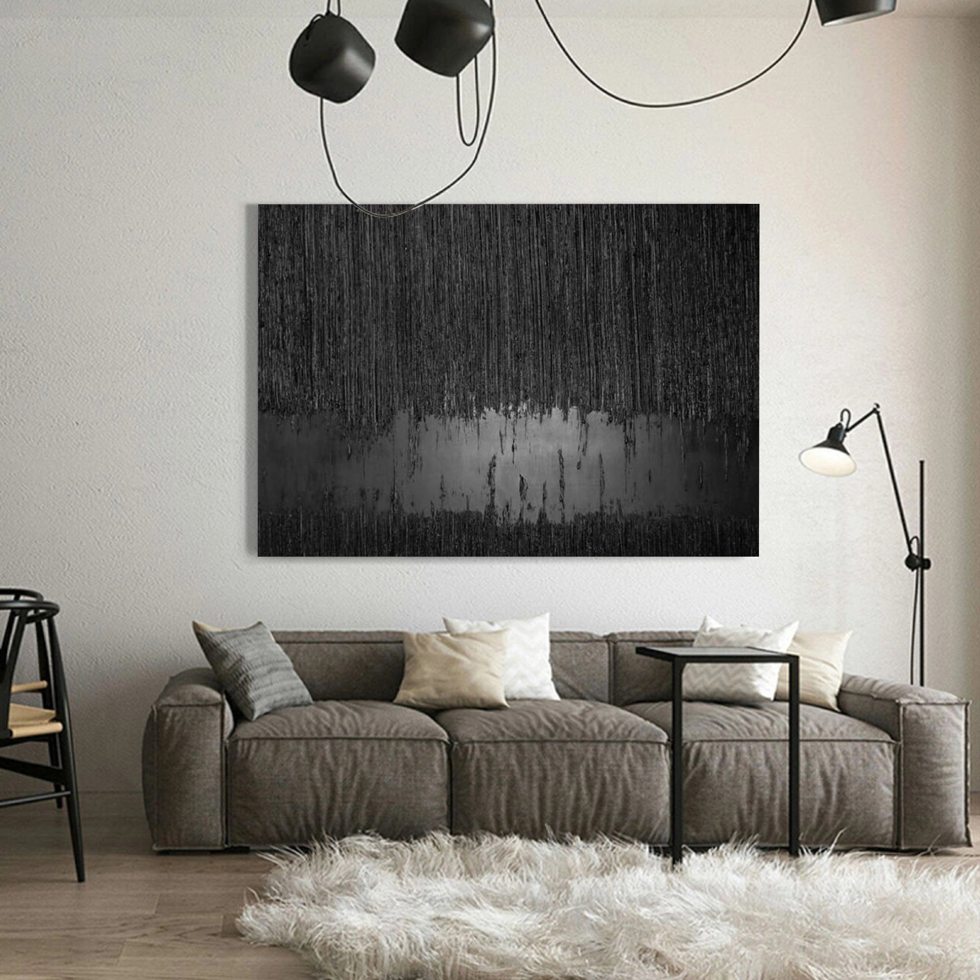 Contemporary Black Design: Textured Abstract Canvas for Room Decor ZZ 135 - Texarart