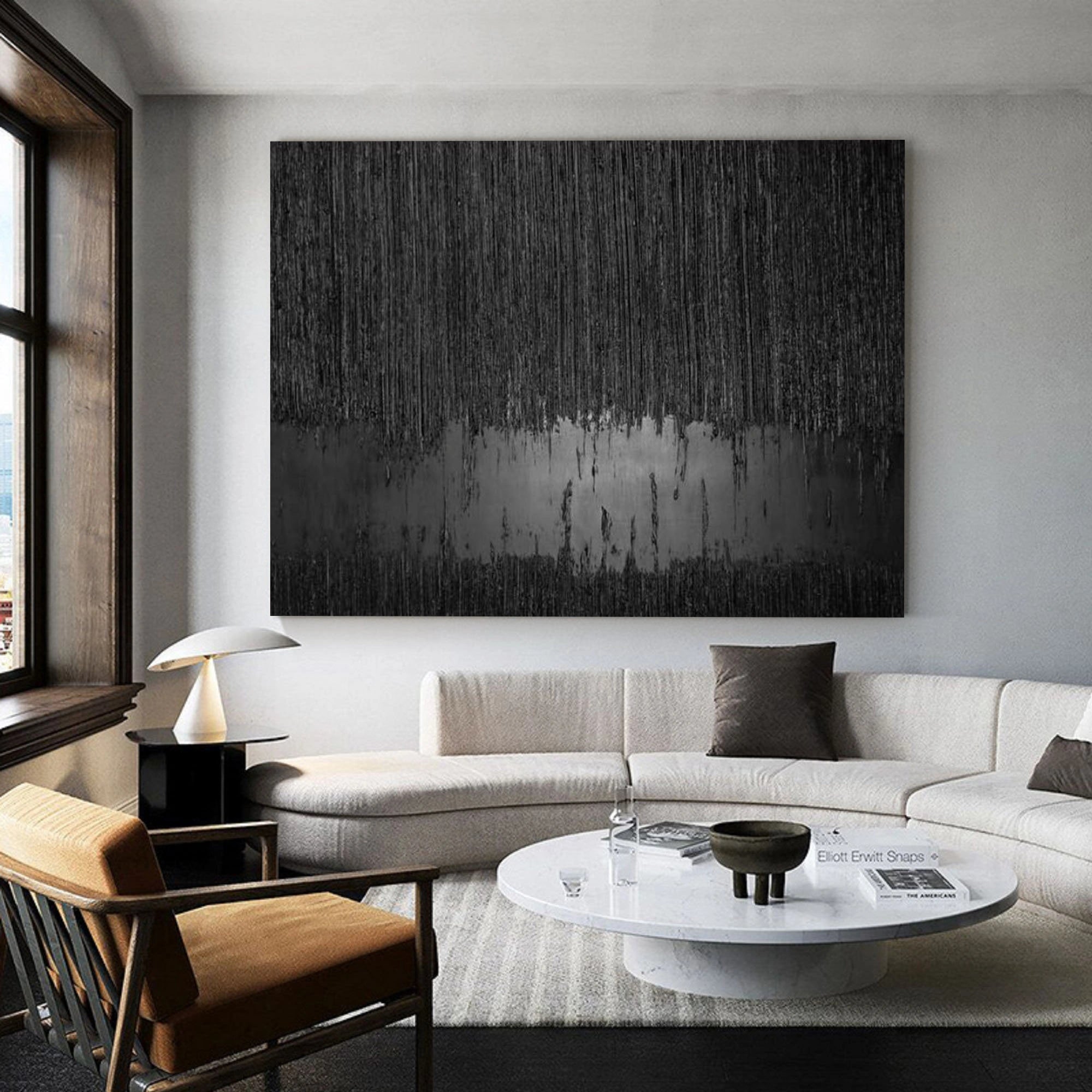 Contemporary Black Design: Textured Abstract Canvas for Room Decor ZZ 135 - Texarart
